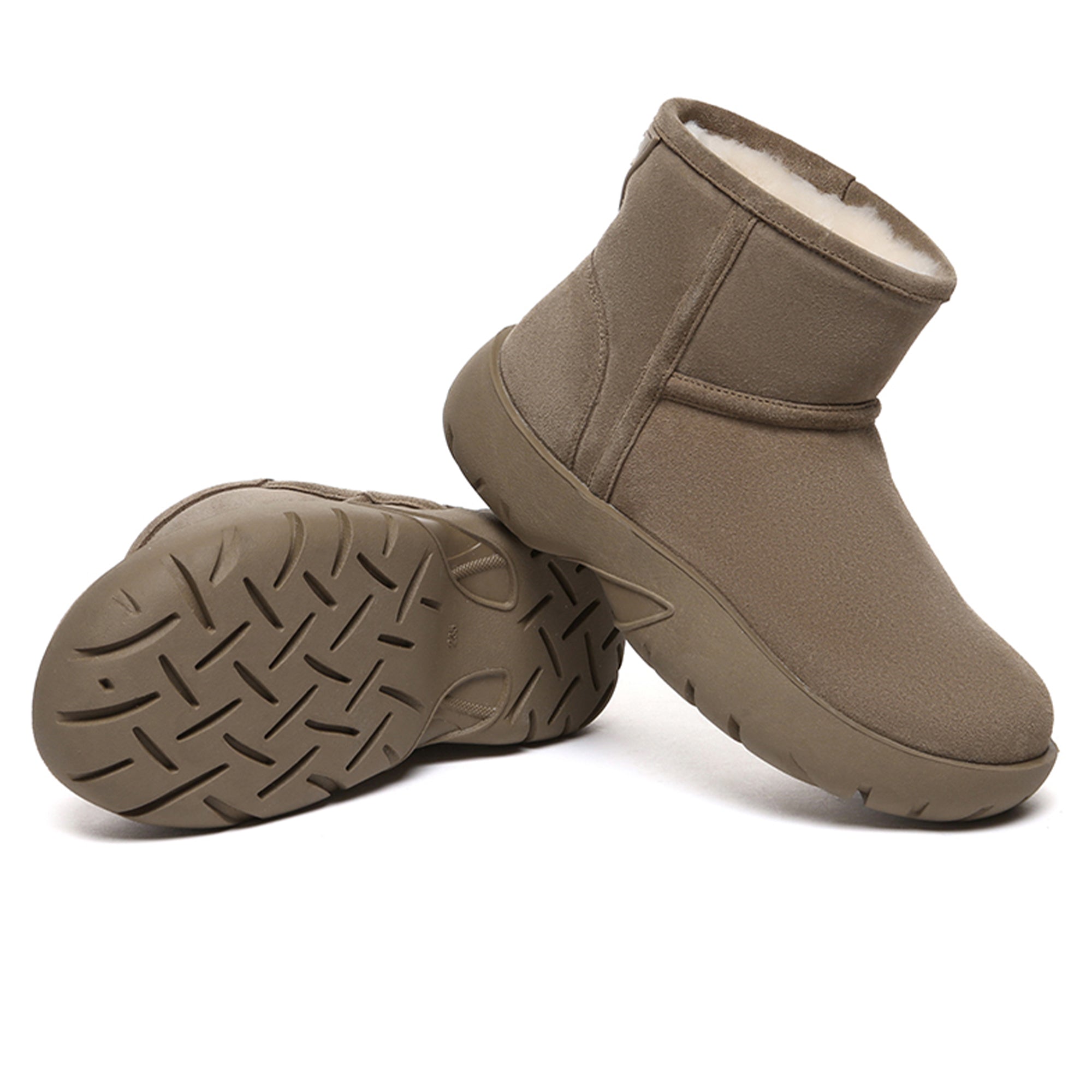 EverUgg UGG Mini Explorer Platform Boots in chestnut with rugged rubber soles and cozy fur lining, stylish and durable winter footwear.