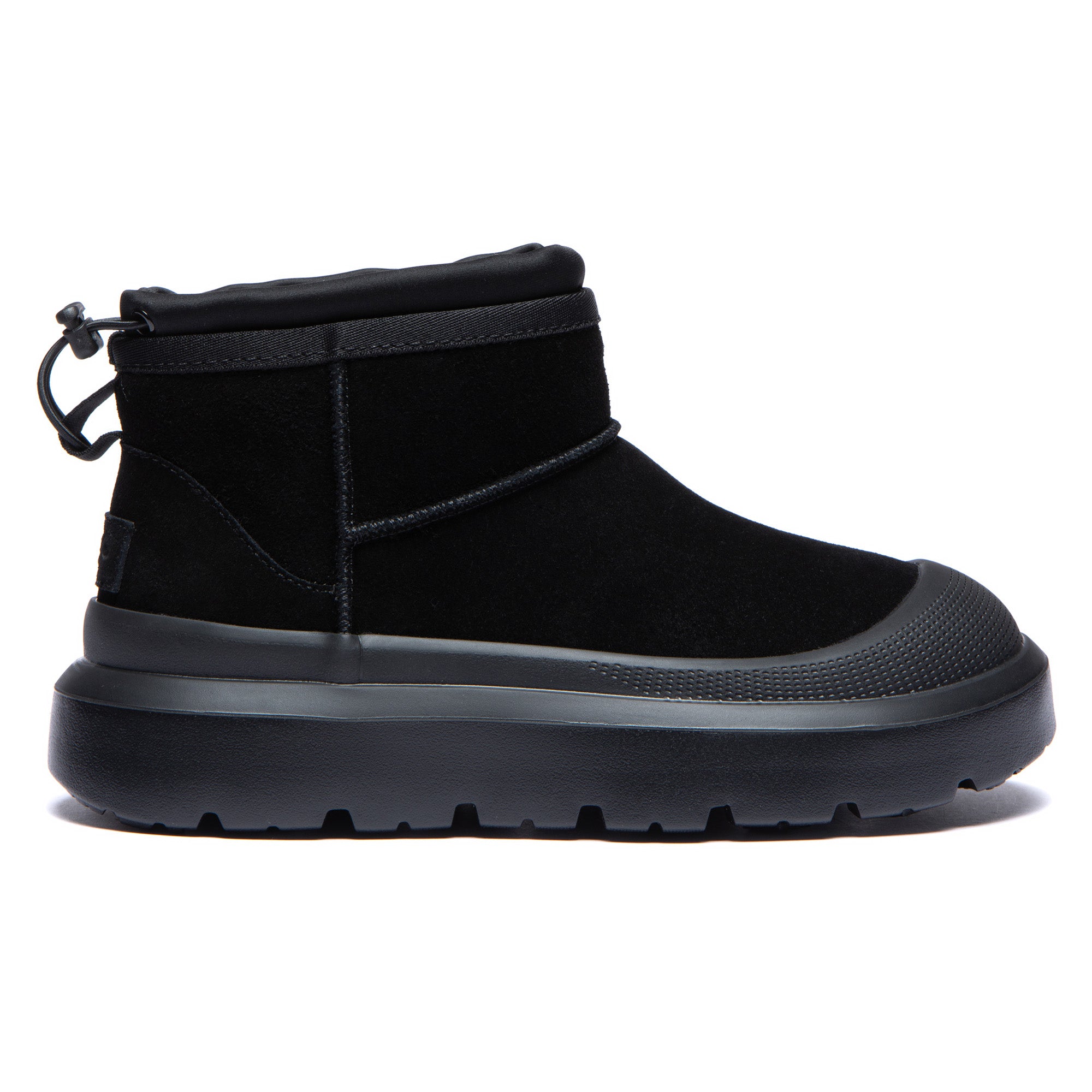 EverUgg UGG Outdoor Mini Classic Platform Boots II, black ankle boots with platform soles, suede exterior, and fur lining.