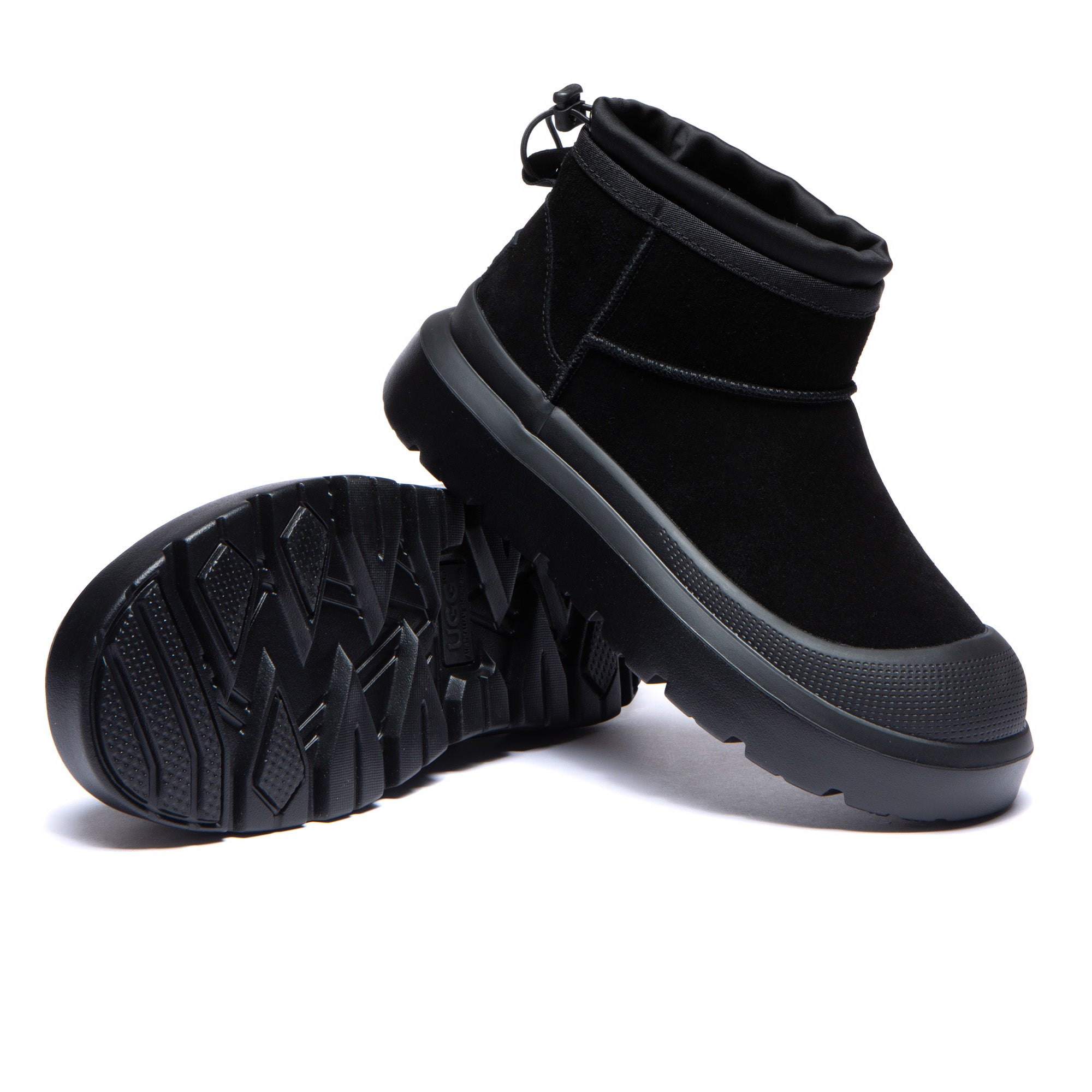 EverUgg UGG Outdoor Mini Classic Platform Boots II showing black leather exterior and rugged sole design.