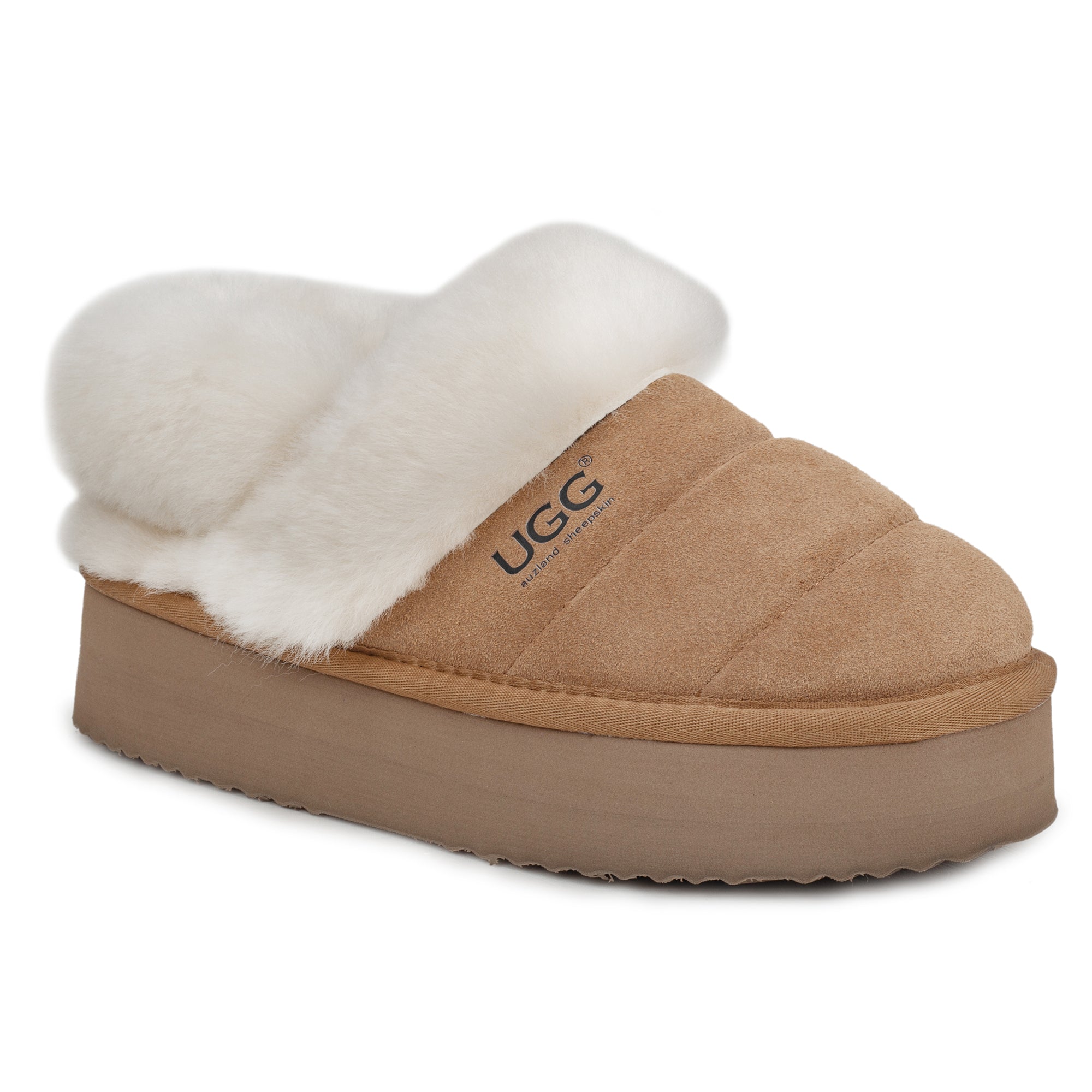 Auzland UGG Platform 3-in-1 puffer slippers with strap details, cozy slip-on women’s slippers with a chunky sole and quilted puffer design.