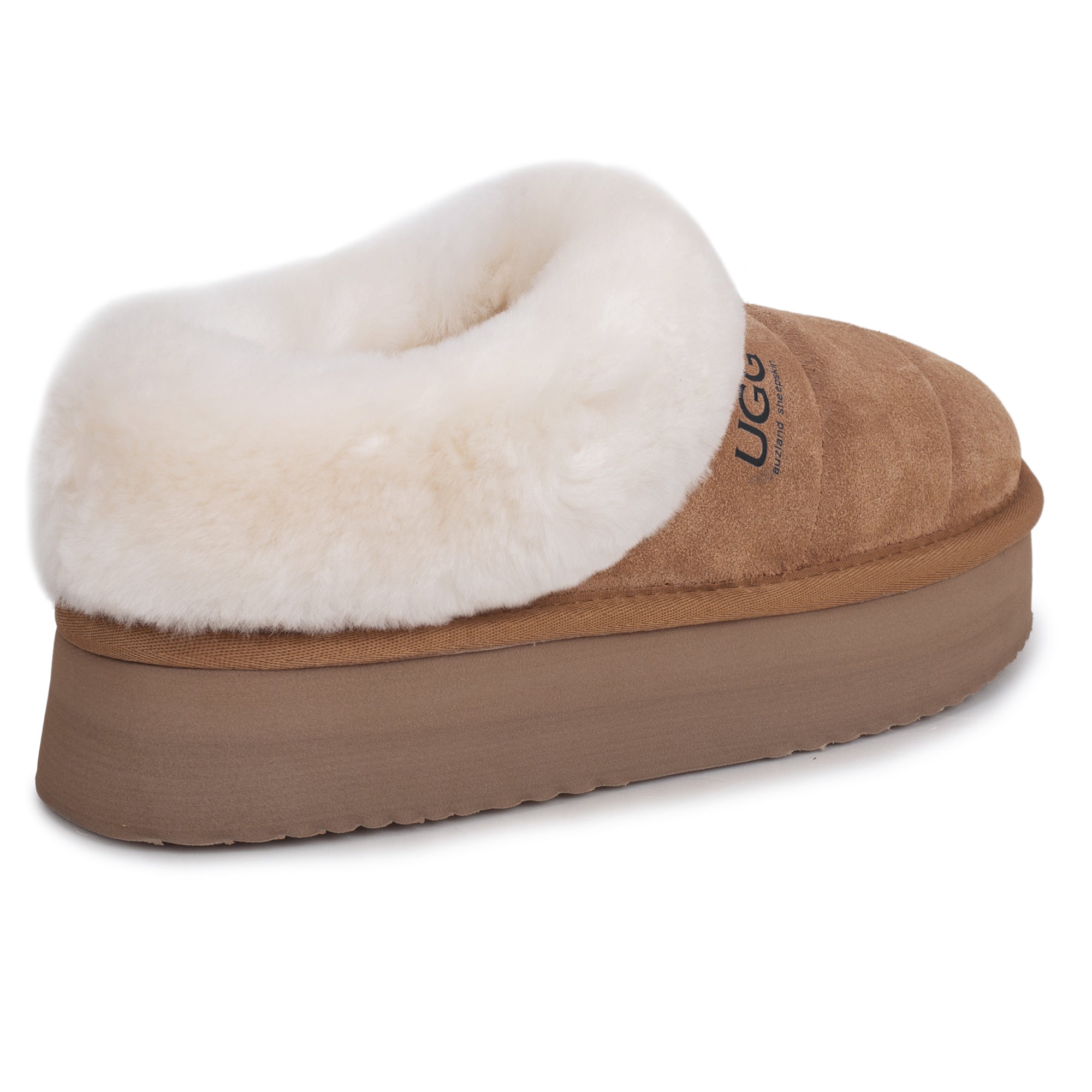 Auzland UGG platform ankle puffer slippers for women, featuring plush quilted design and cozy slip-on style.