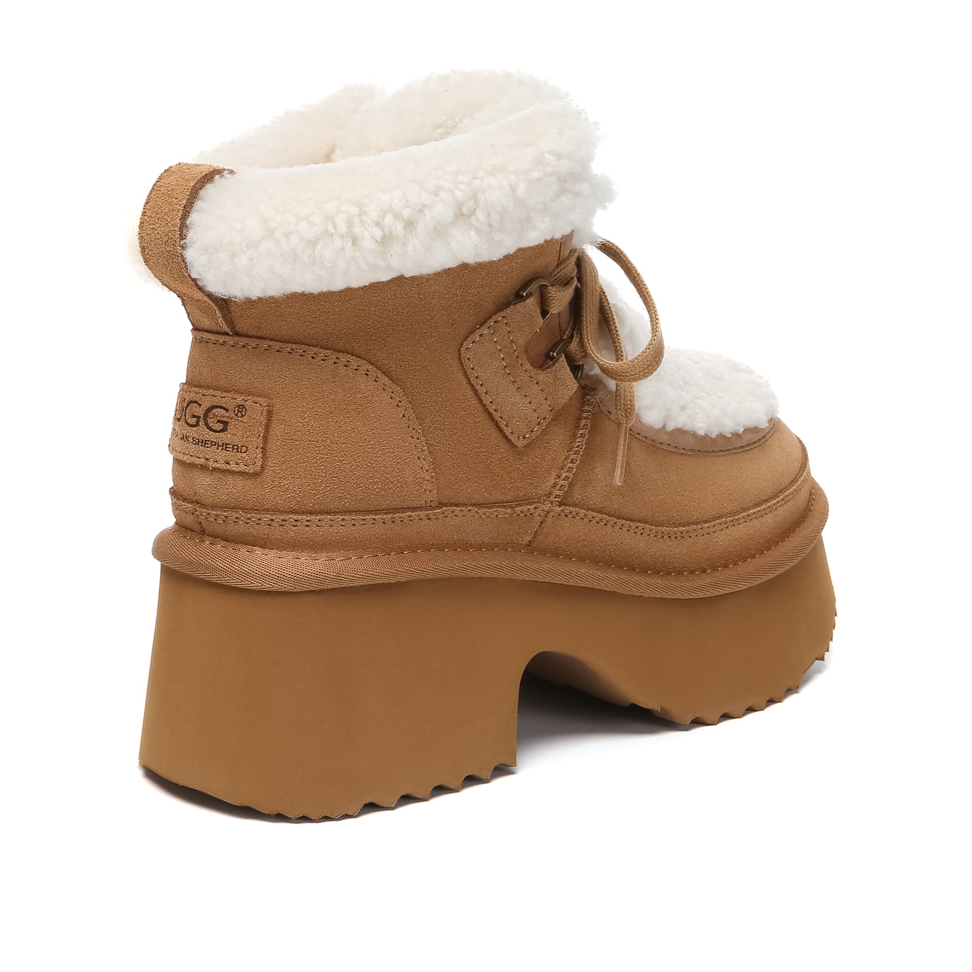 EverUgg UGG platform lace-up boots with shearling upper, stylish women’s fashion boots with rugged sole and cozy fur lining.