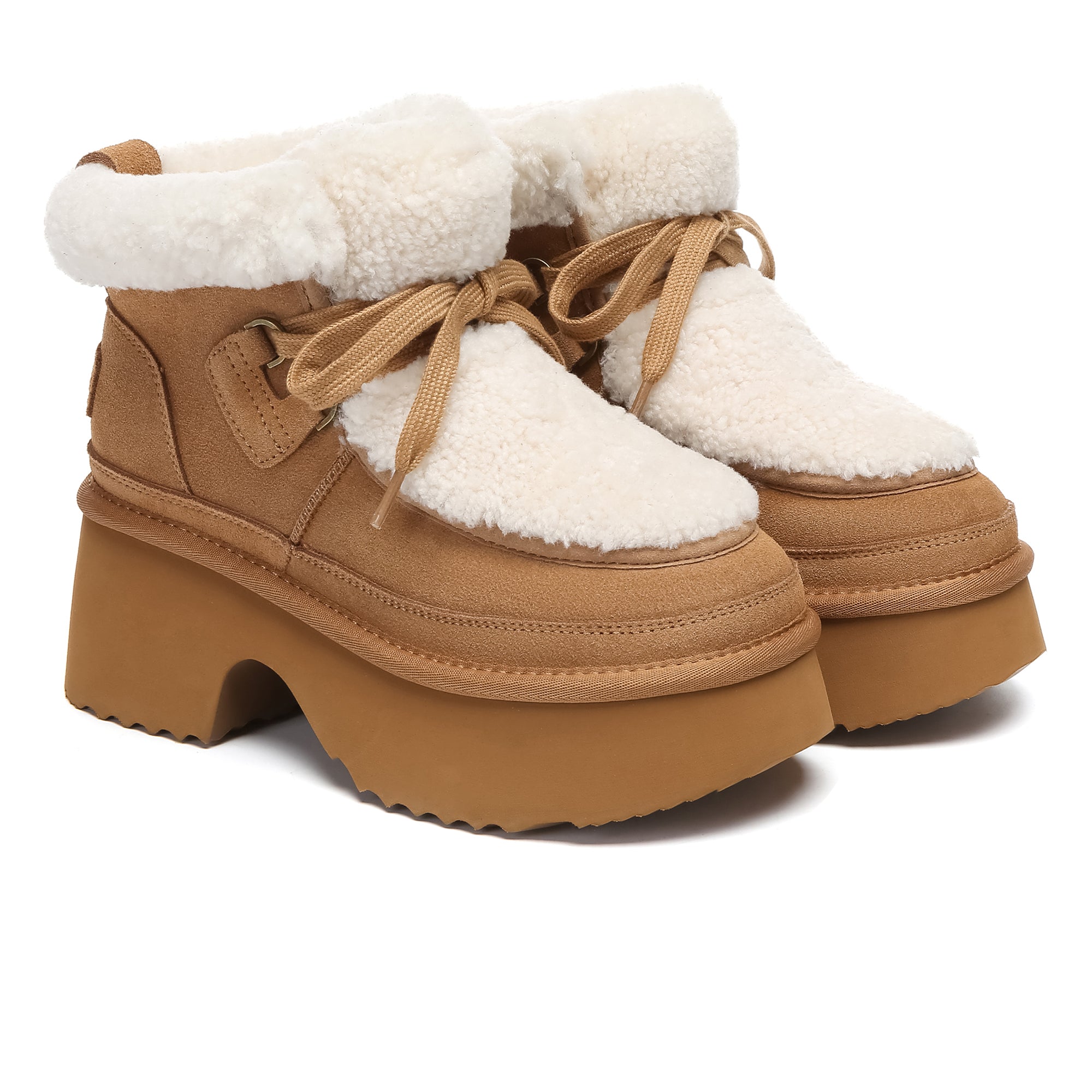 EverUgg platform lace-up boots with shearling upper, stylish women's shoes featuring a chunky sole and cozy shearling detail.