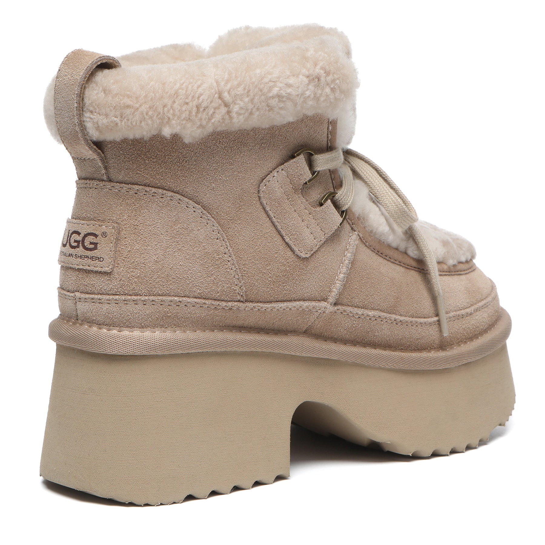 EverUgg UGG platform lace-up boots with shearling upper, stylish women's fashion boots in a sand color.
