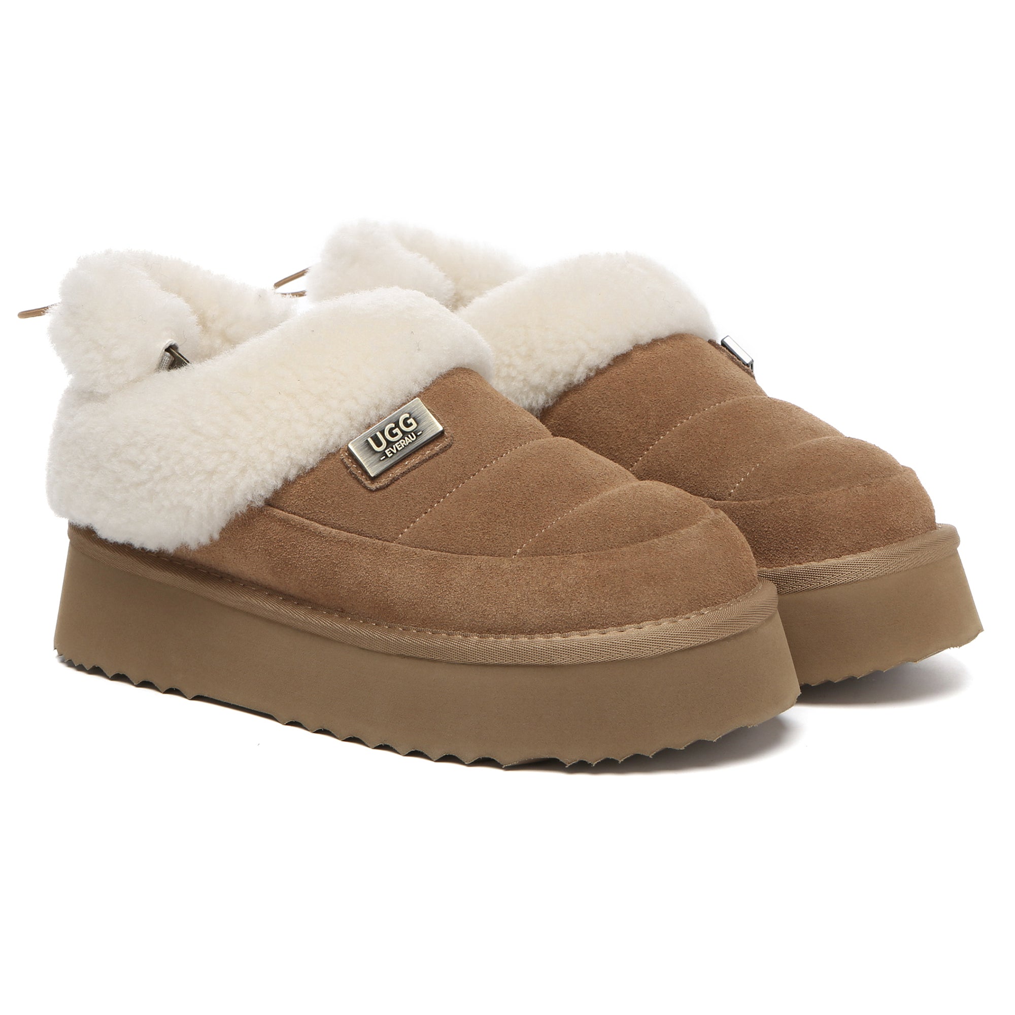 EverUgg UGG platform slingback muffin slippers for women, featuring plush fabric and a stylish slip-on design.