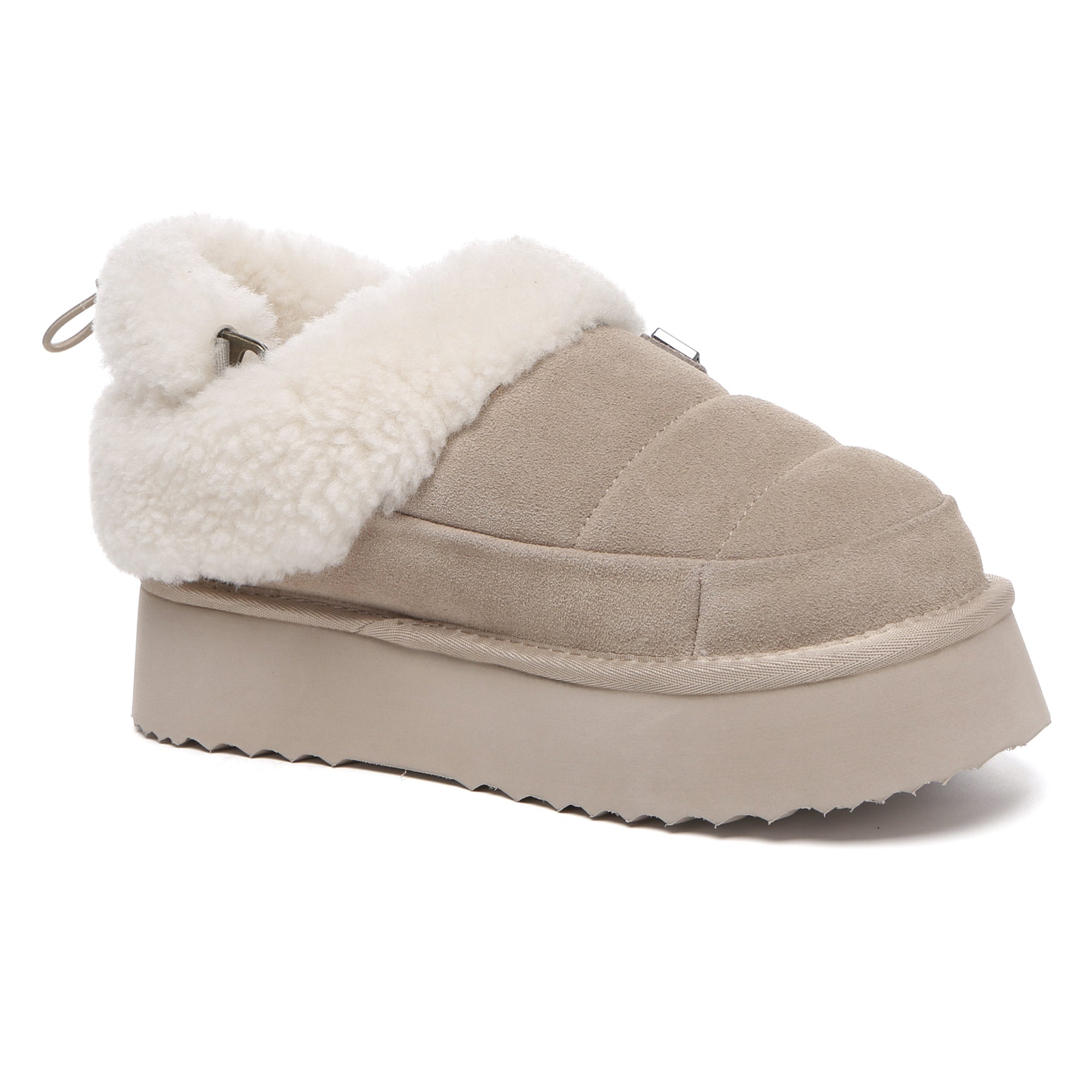 EverUgg UGG platform slingback muffin slippers for women, showing beige slip-on shoes with chunky soles and comfortable design.