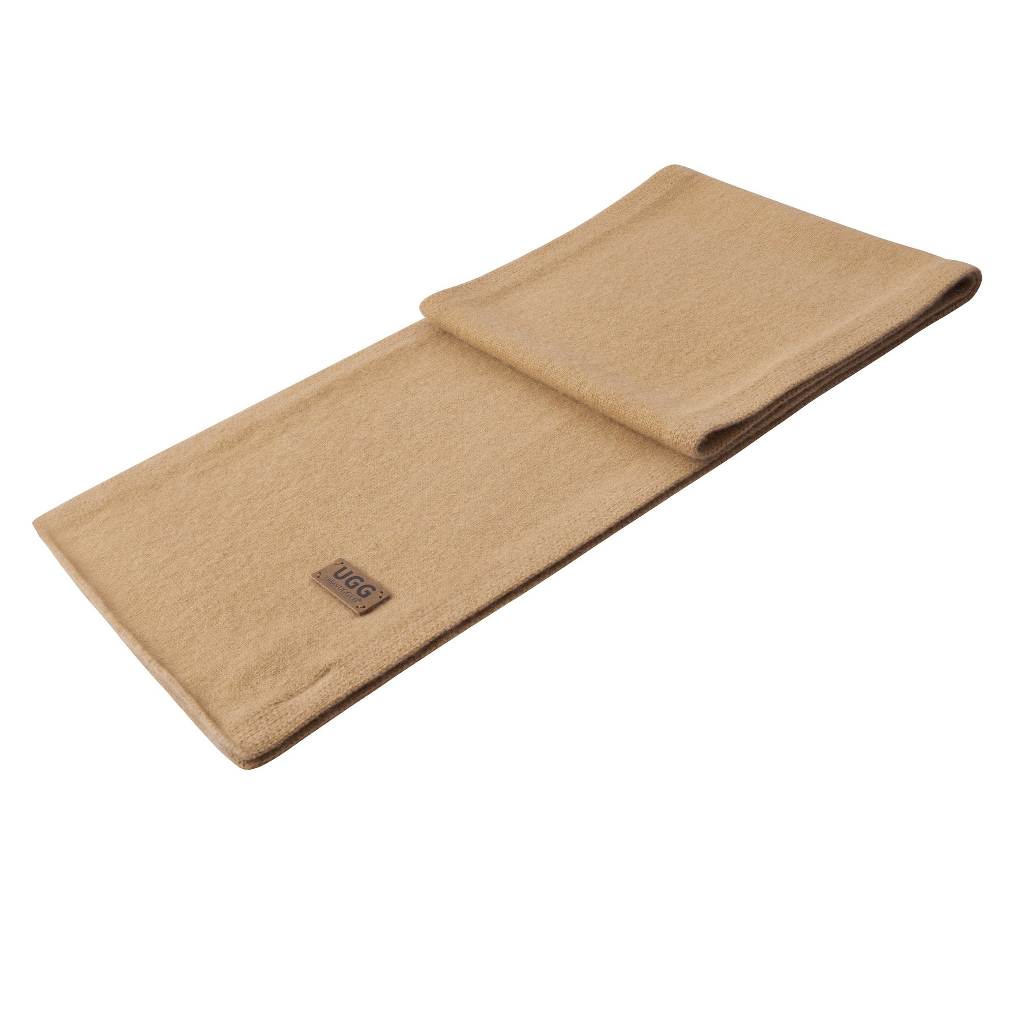 EverUgg UGG premium cashmere scarf draped over a neutral background, showcasing soft, luxurious fabric and classic style.