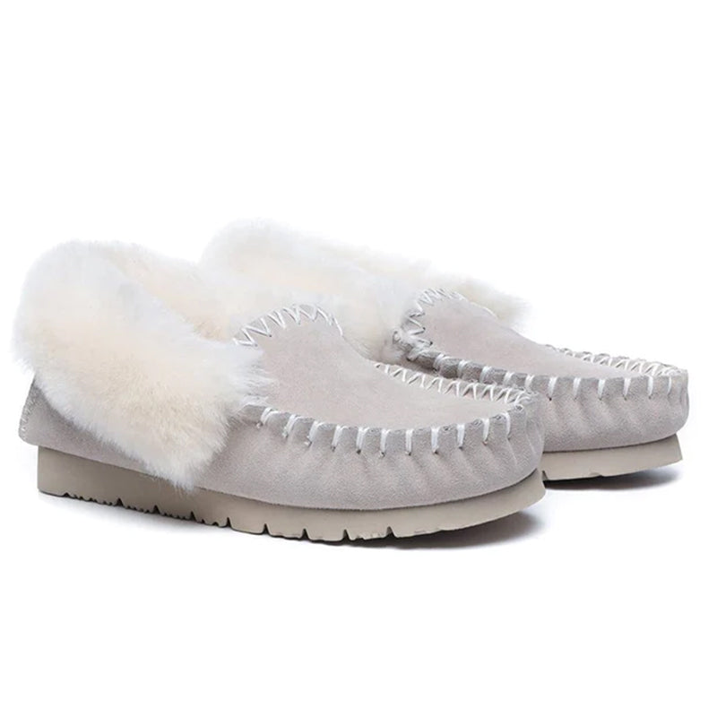 EverUgg UGG Premium Traditional Moccasin for women, cozy suede slippers with plush lining and classic slip-on design.