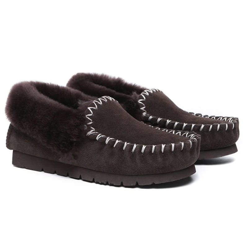 EverUgg UGG Premium Traditional Moccasin in chocolate, women's slippers with soft leather and cozy interior for comfortable wear.