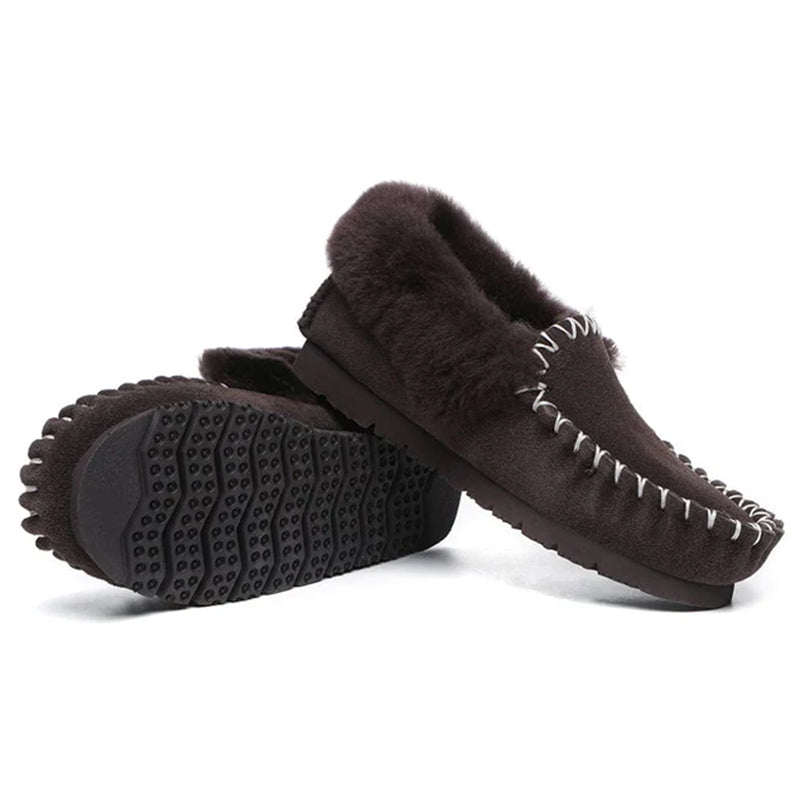 EverUgg UGG Premium Traditional Moccasin slippers in chocolate brown, cozy slip-on shoes for women with soft lining and classic design.