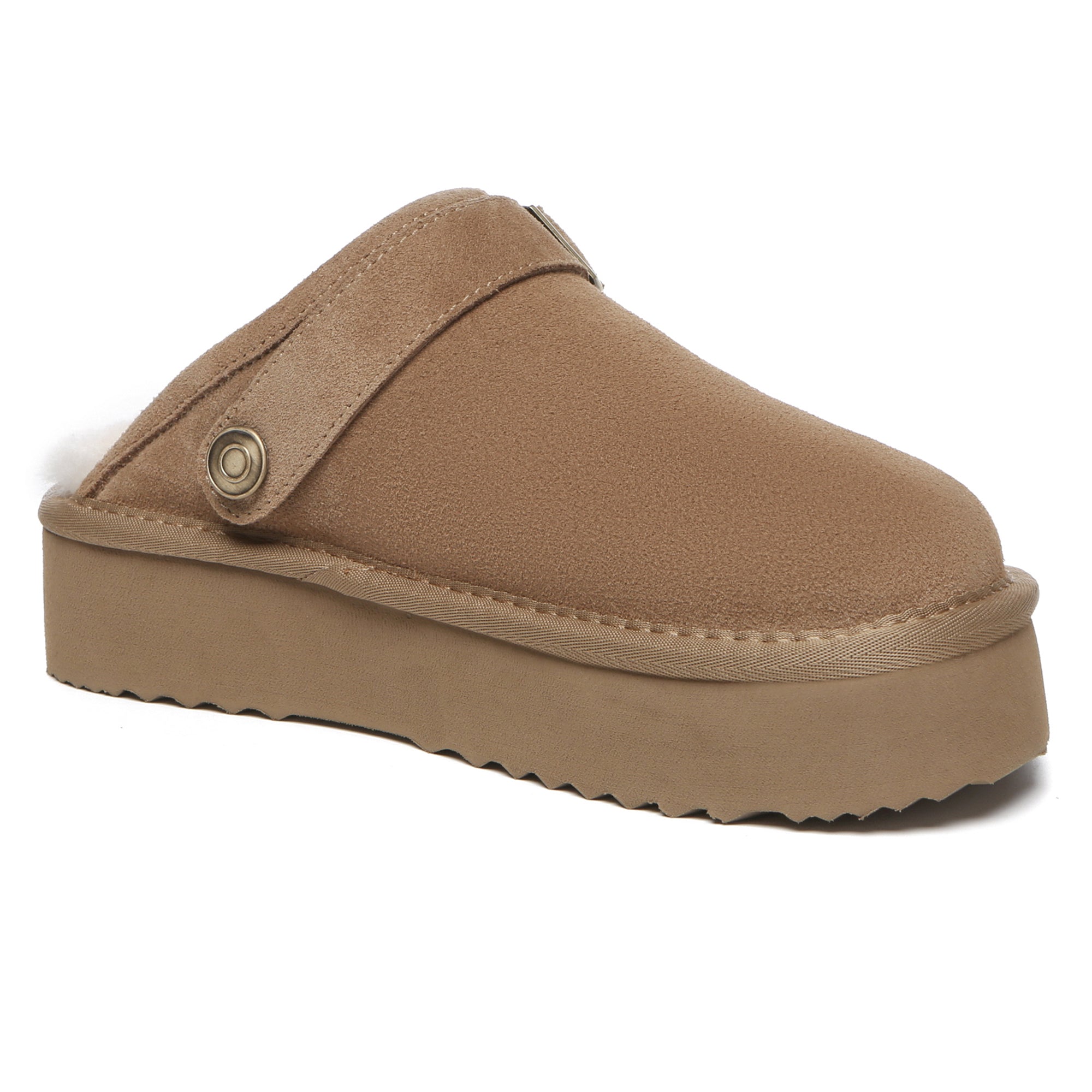 EverUgg UGG Sady buckle strap platform slipper for women, showing the cozy slip-on design with buckle details and platform sole.