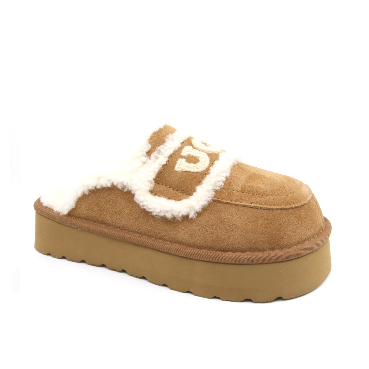 Auzland UGG Shearling Platform Slippers in chestnut color, featuring cozy shearling lining and chunky sole for women.