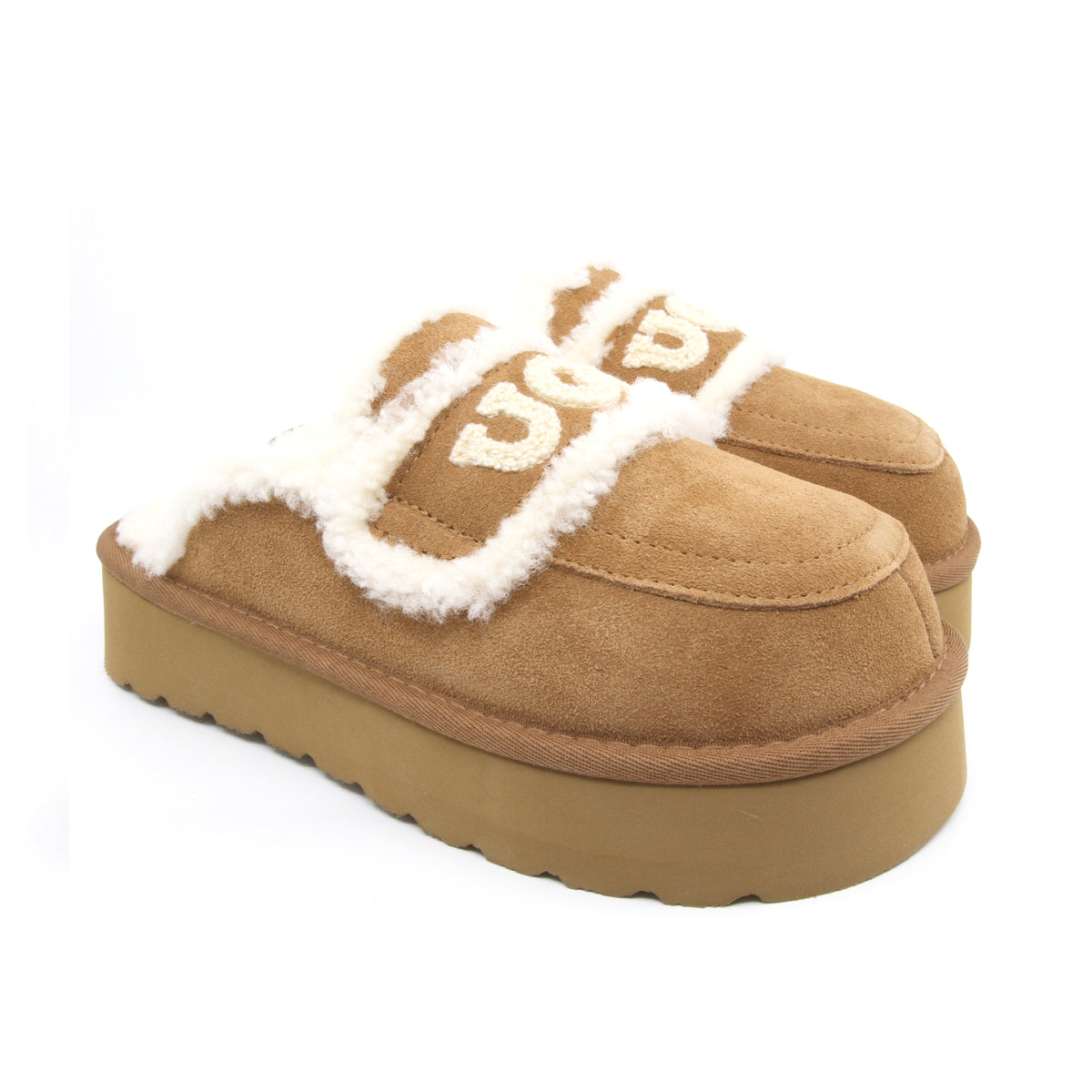 Auzland UGG Shearling Platform Slippers in chestnut with plush shearling lining and thick platform soles, designed for cozy comfort.