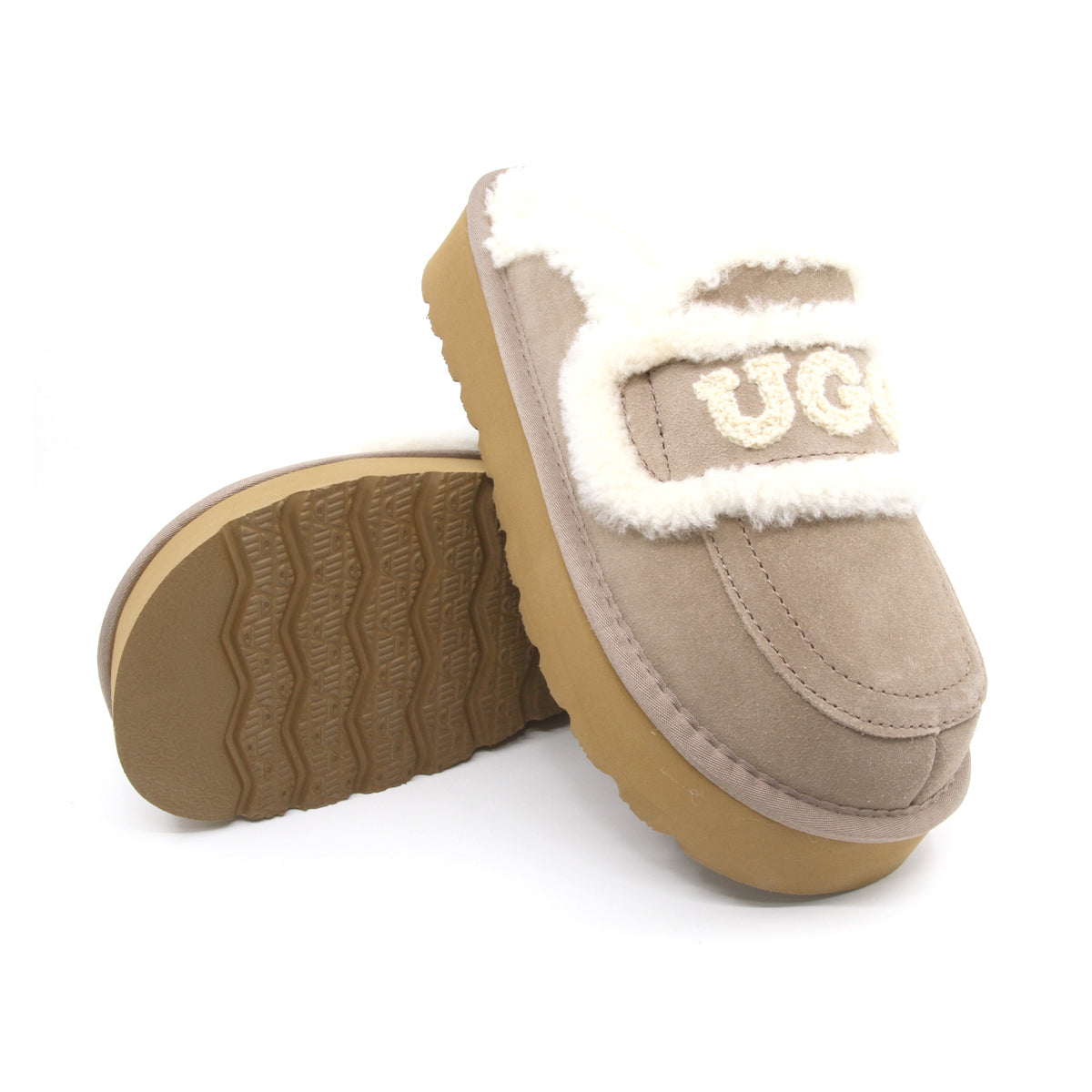 Auzland UGG shearling platform slippers in brown with plush shearling lining and thick sole, women's cozy slip-on footwear.