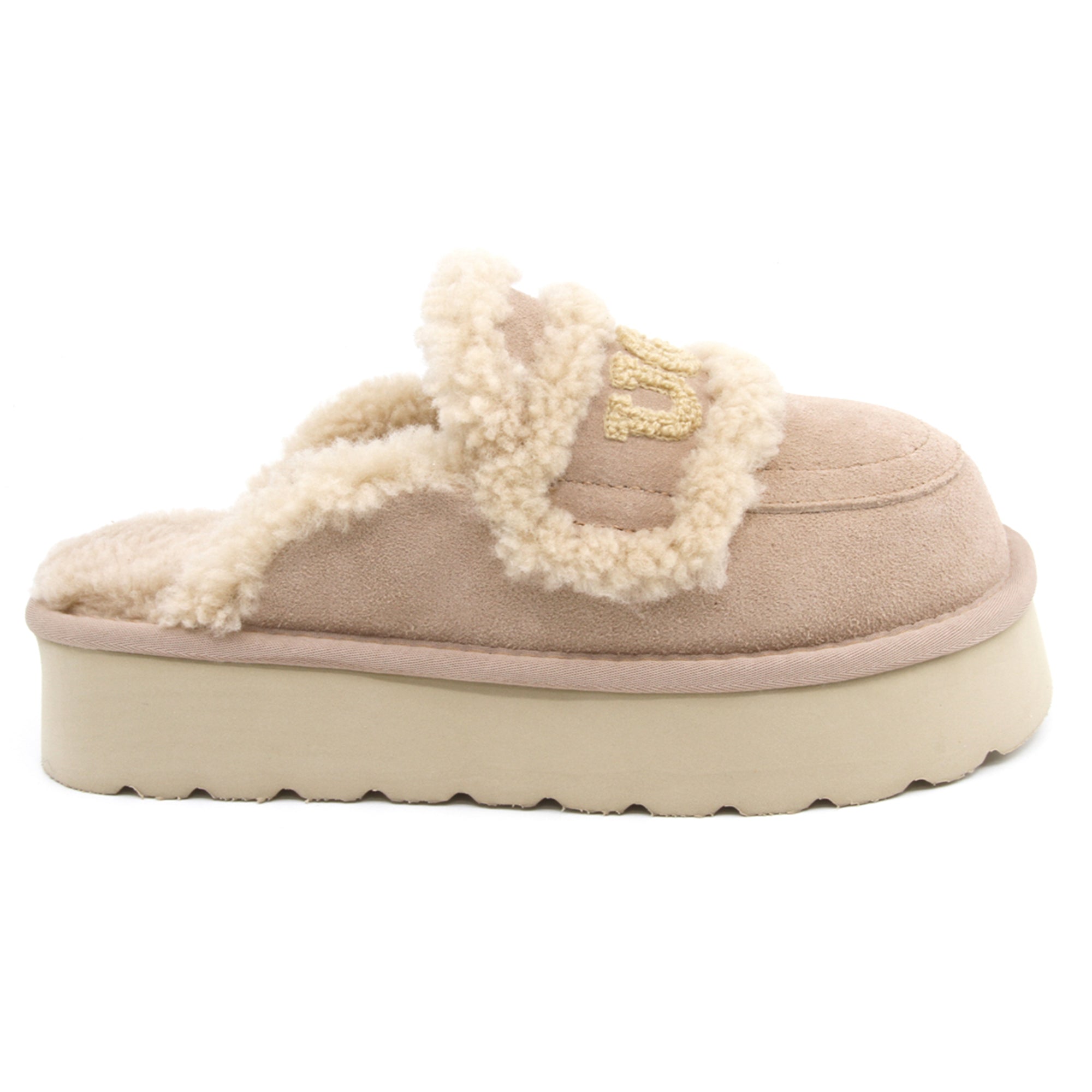 Auzland UGG shearling platform slippers in bronze, women's slip-on shoes with cozy shearling lining and sturdy sole.
