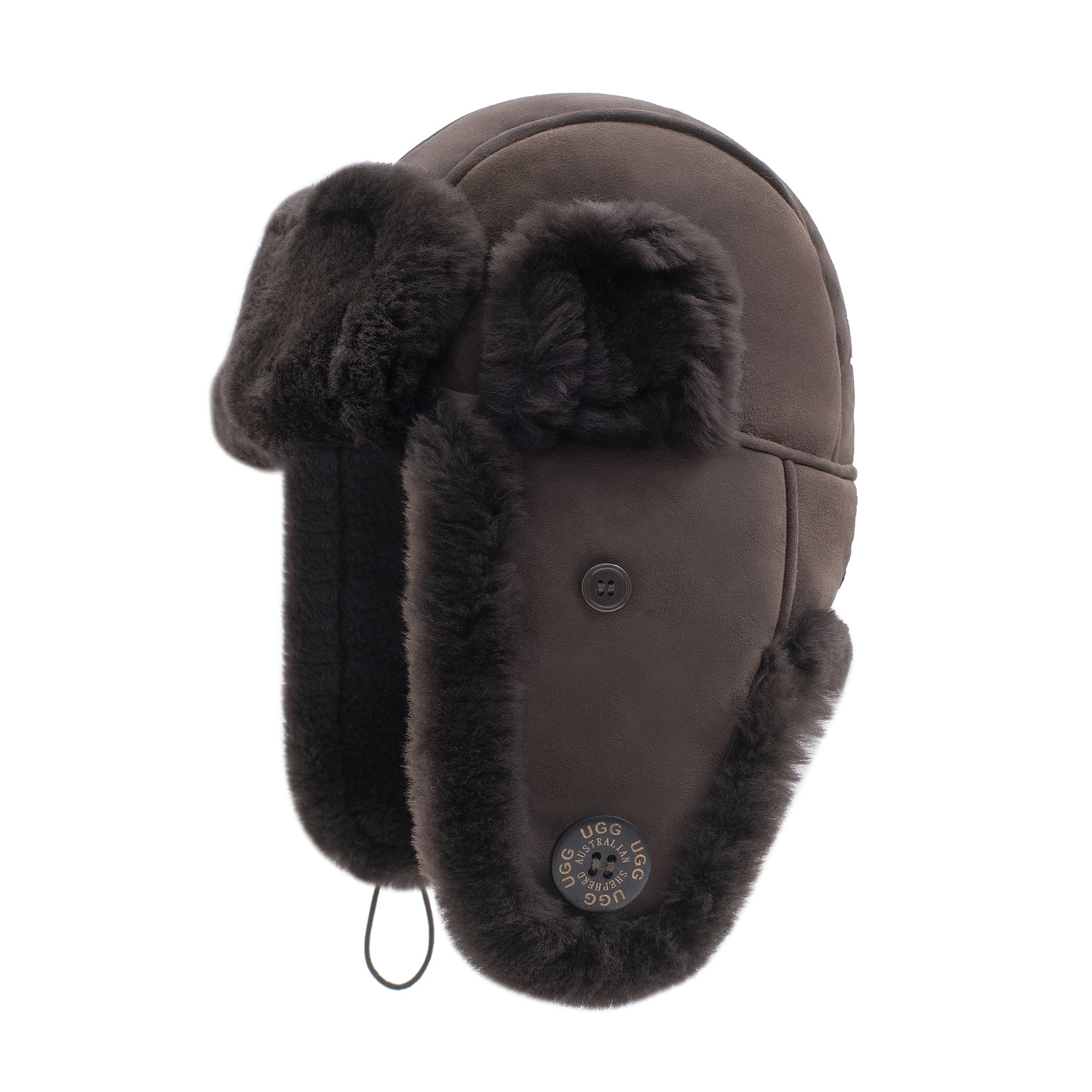 EverUgg UGG sheepskin aviator hat in chocolate with adjustable strap and ear flaps, designed for warmth and style.