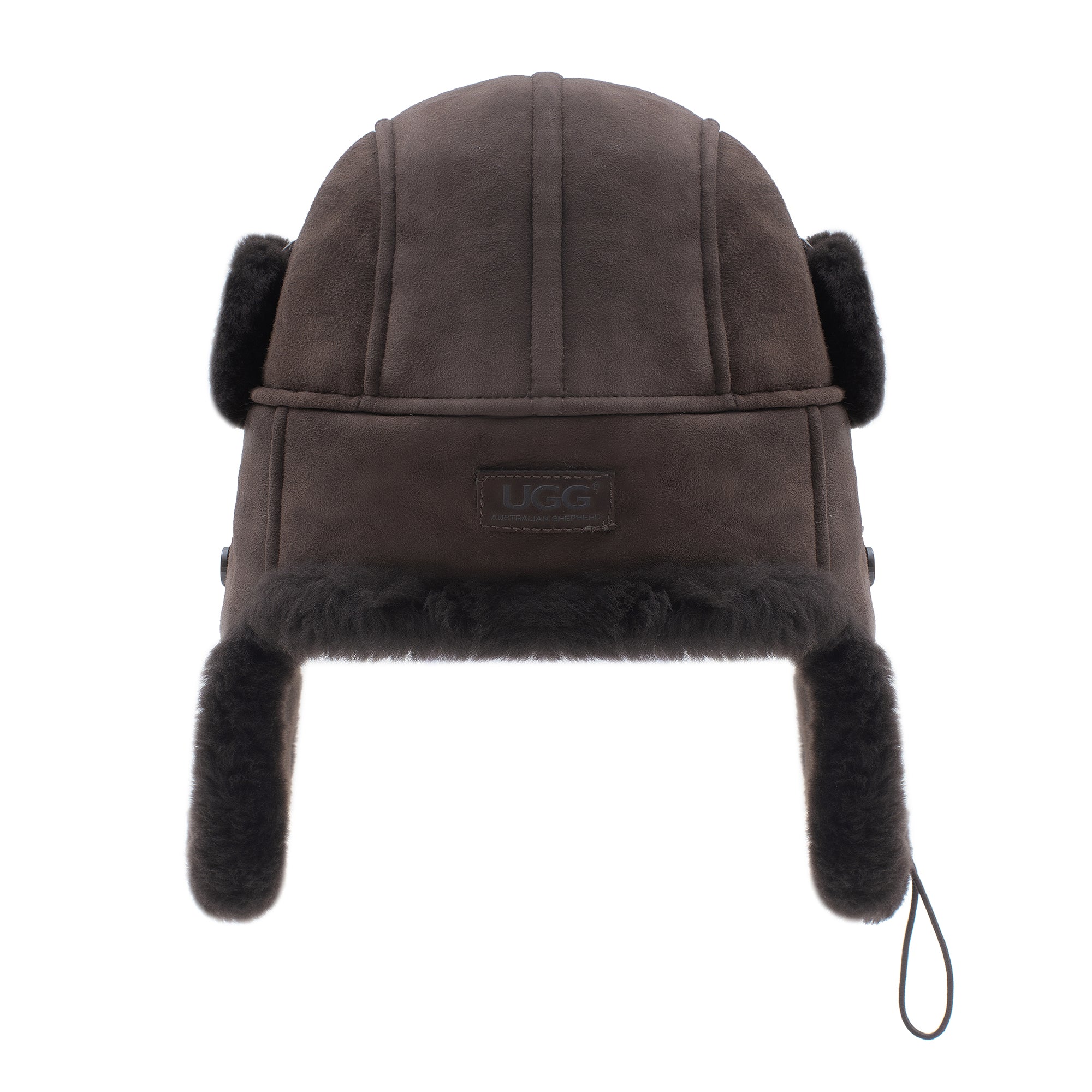 EverUgg sheepskin aviator hat in chocolate brown with adjustable strap and ear flaps, designed for warmth and style.