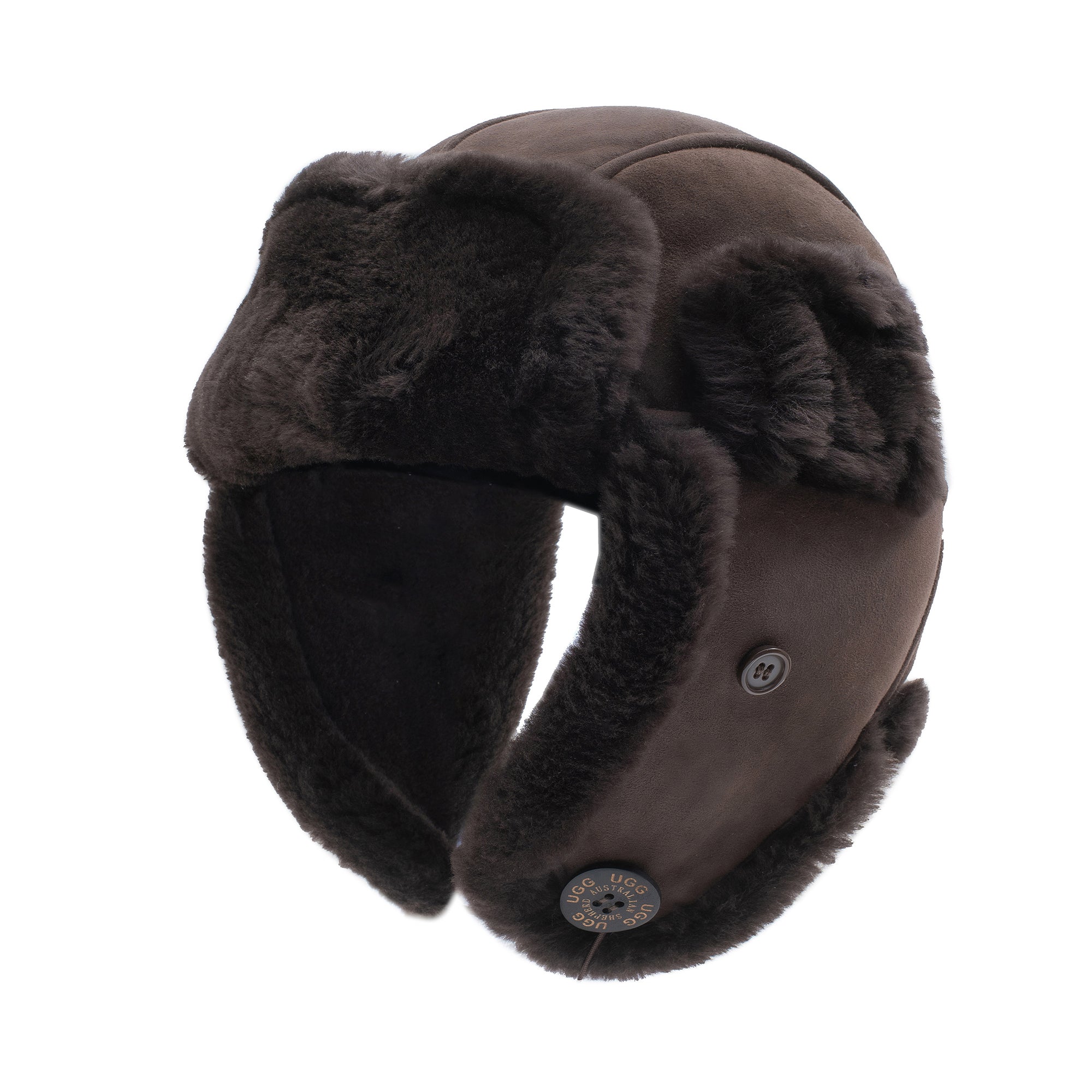 EverUgg UGG sheepskin aviator hat in chocolate brown with adjustable strap and warm lining, perfect for cold weather.