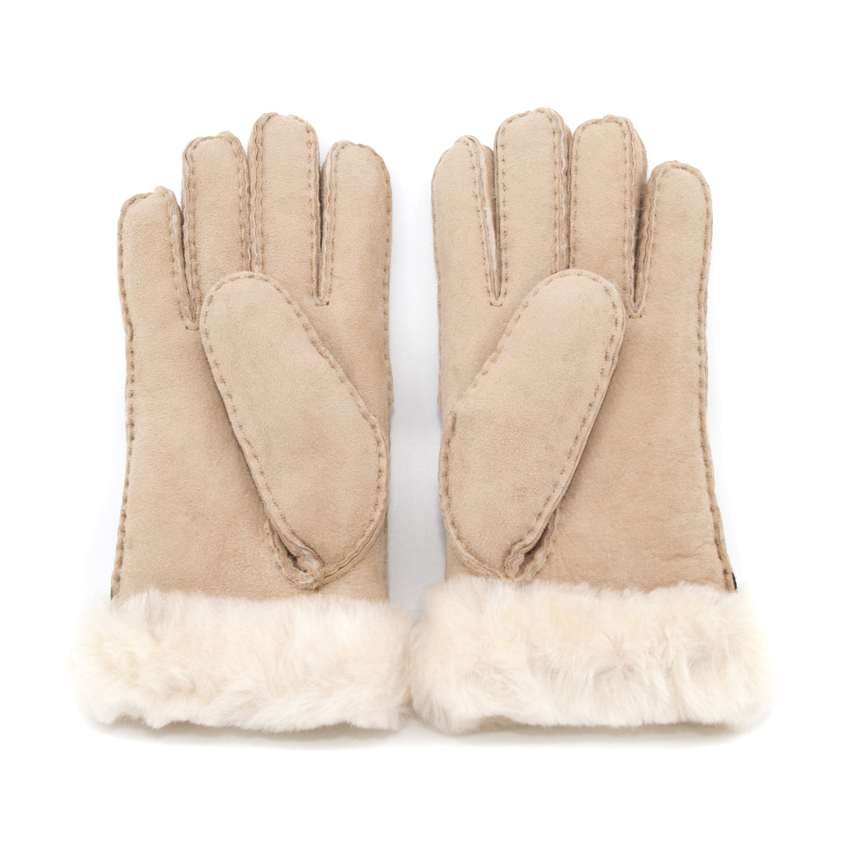 Auzland UGG sheepskin gloves in sand color, showing the soft, plush exterior and cozy interior for warmth and comfort.