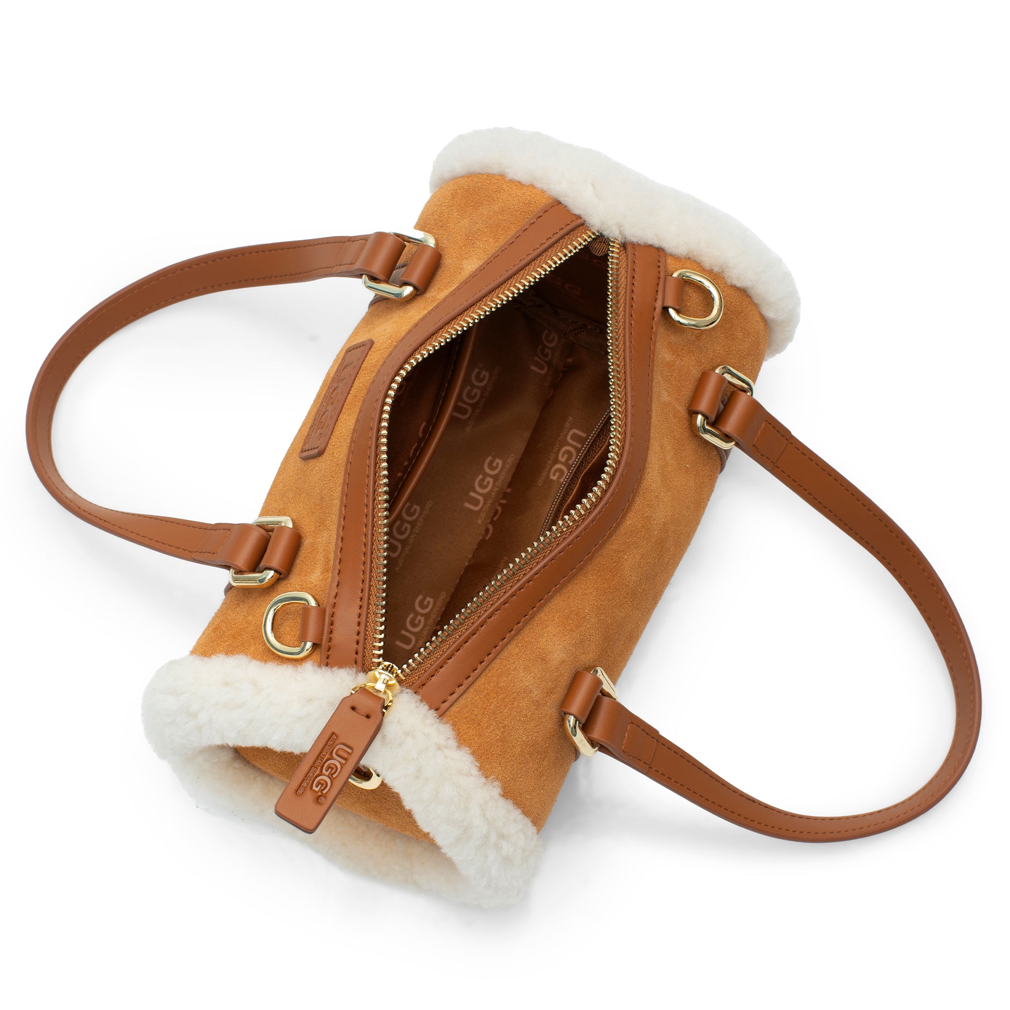 EverUgg UGG sheepskin handbag with soft, plush exterior and top handle, stylish accessory for casual and elegant outfits.