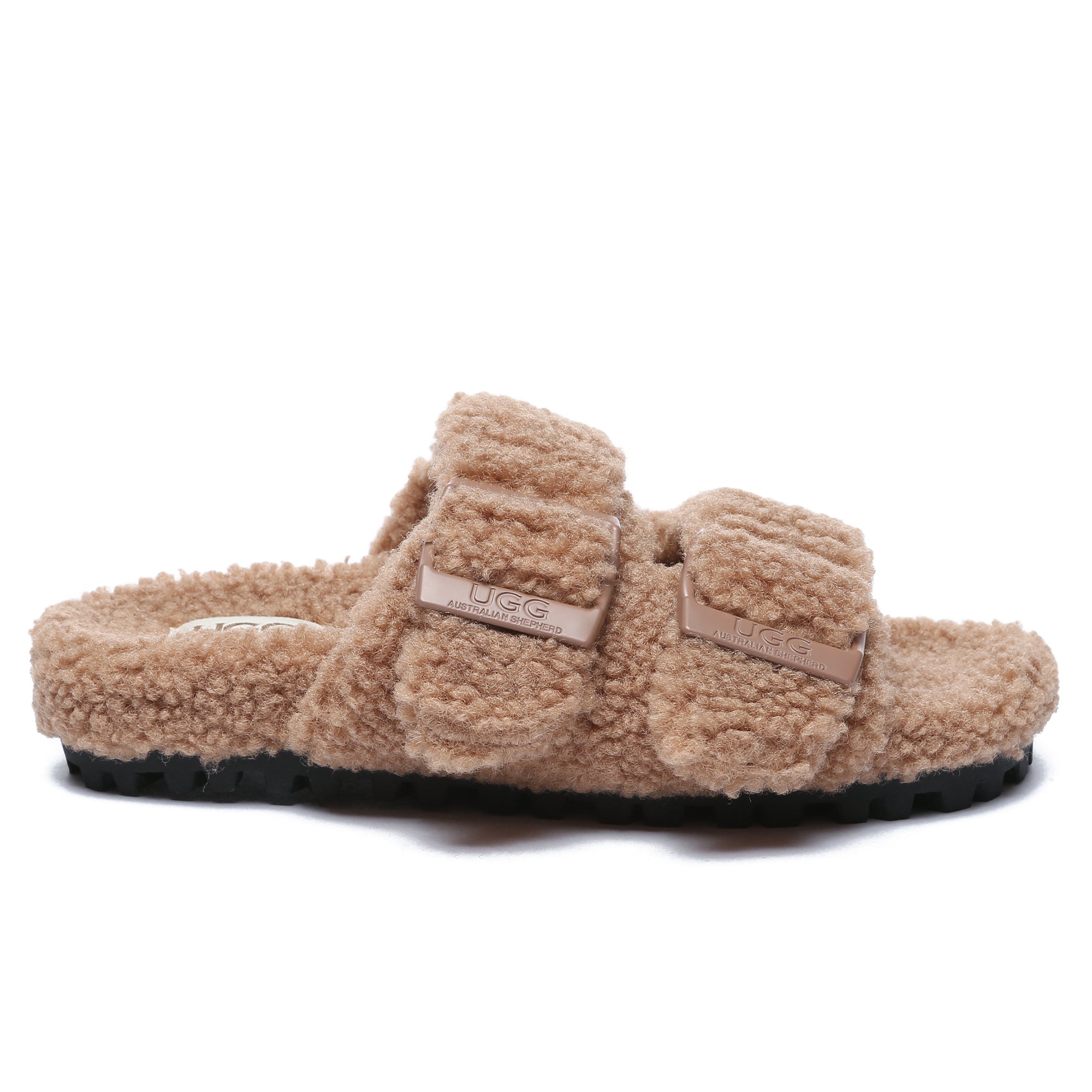 EverUgg women's UGG slippers with adjustable buckle sandal slides, featuring comfortable open-toe design and stylish look.