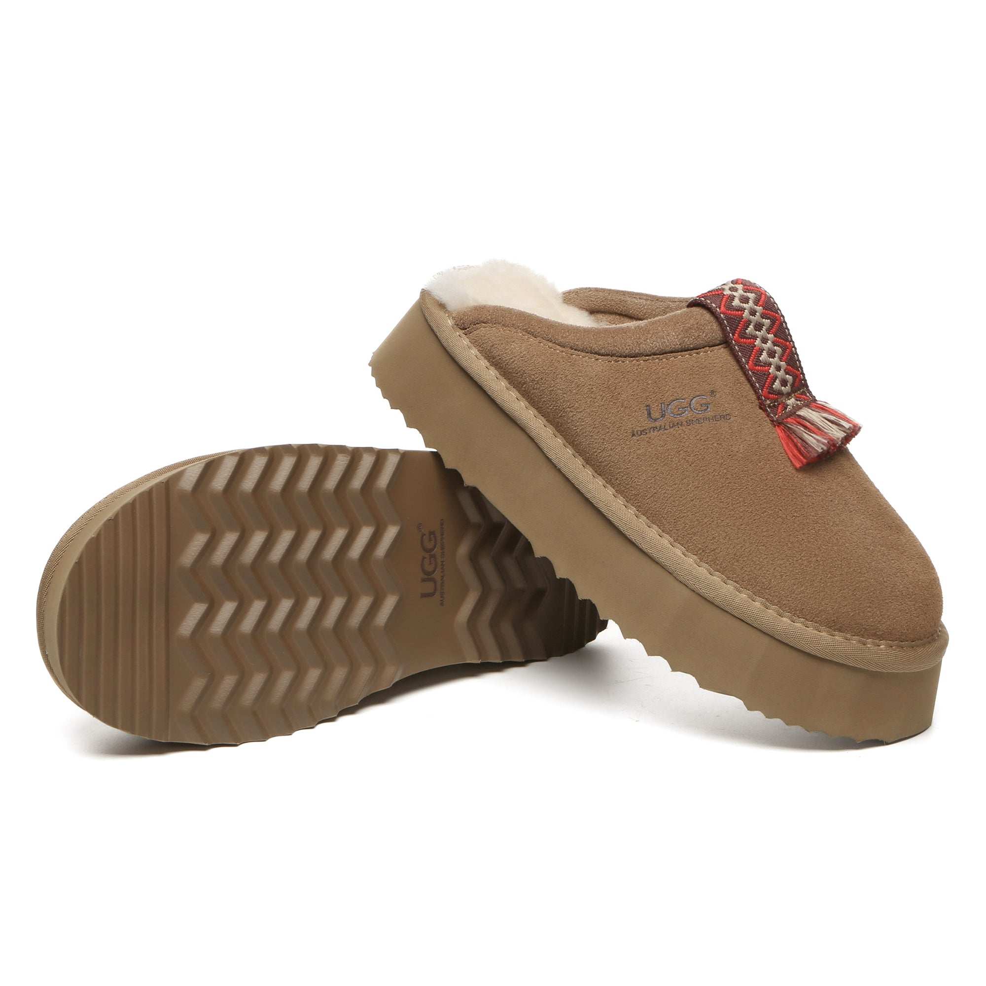 EverUgg UGG Tassie Stitch platform slippers for women, cozy slip-on shoes with stitching detail and plush interior.