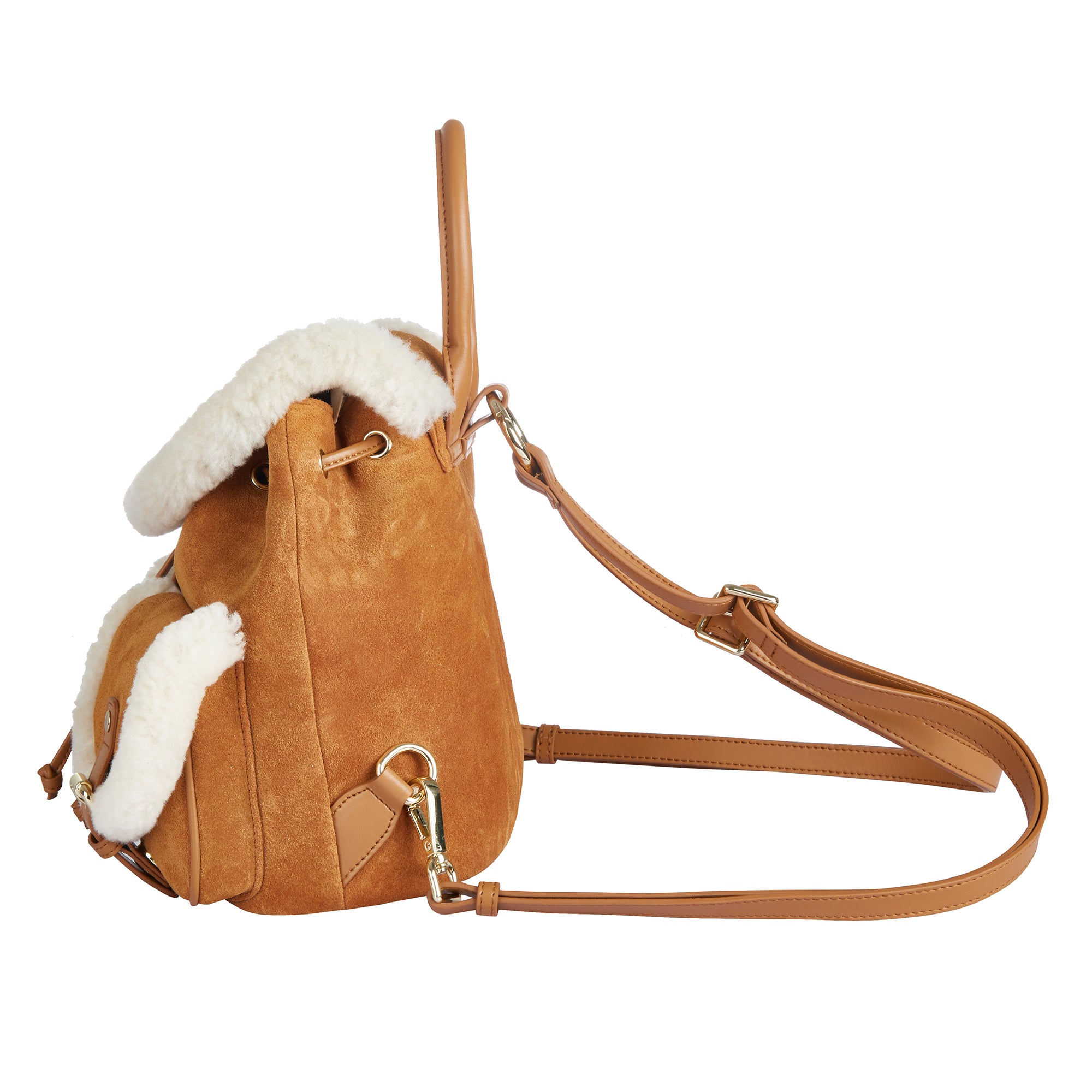 EverUgg wool backpack with adjustable strap and drawstring closure, featuring a soft, textured exterior and stylish accessory design.