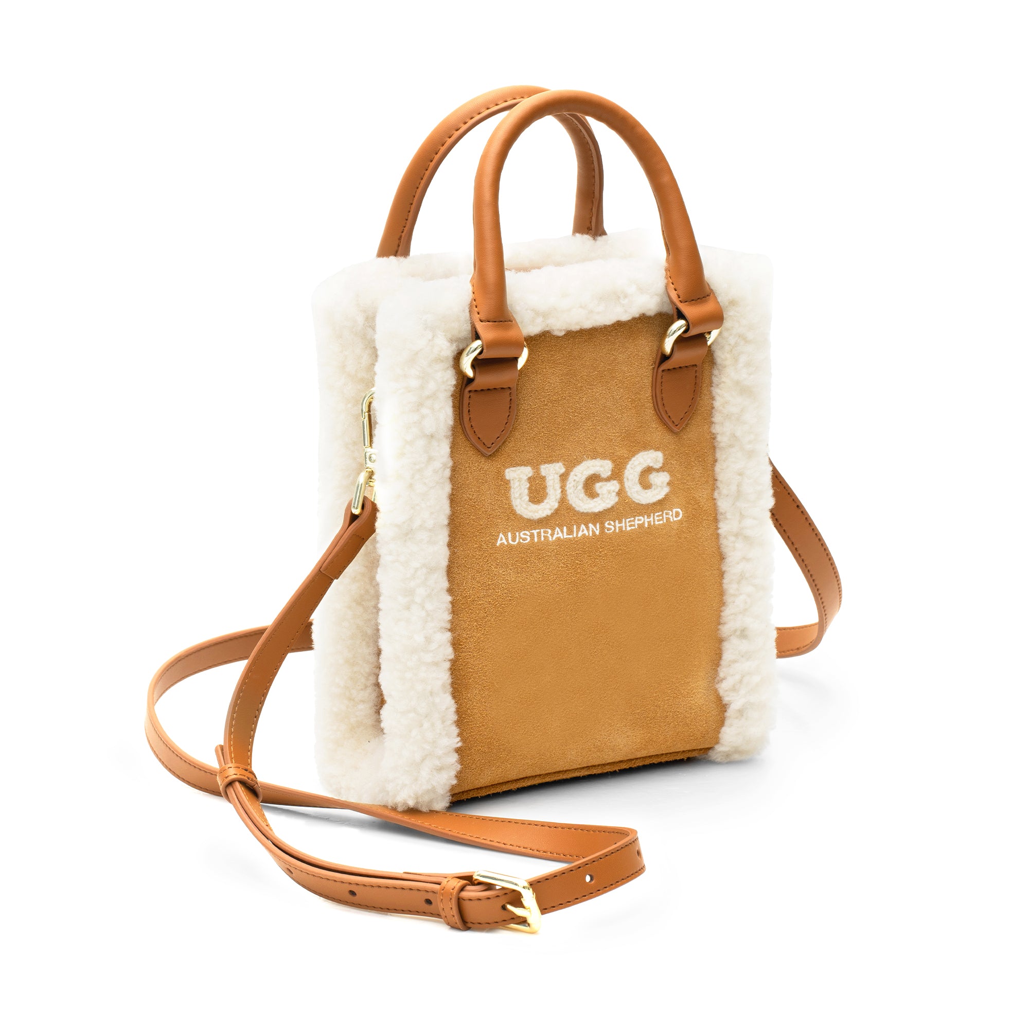 EverUgg wool bag with adjustable strap, stylish accessory featuring soft wool exterior and versatile carry options.