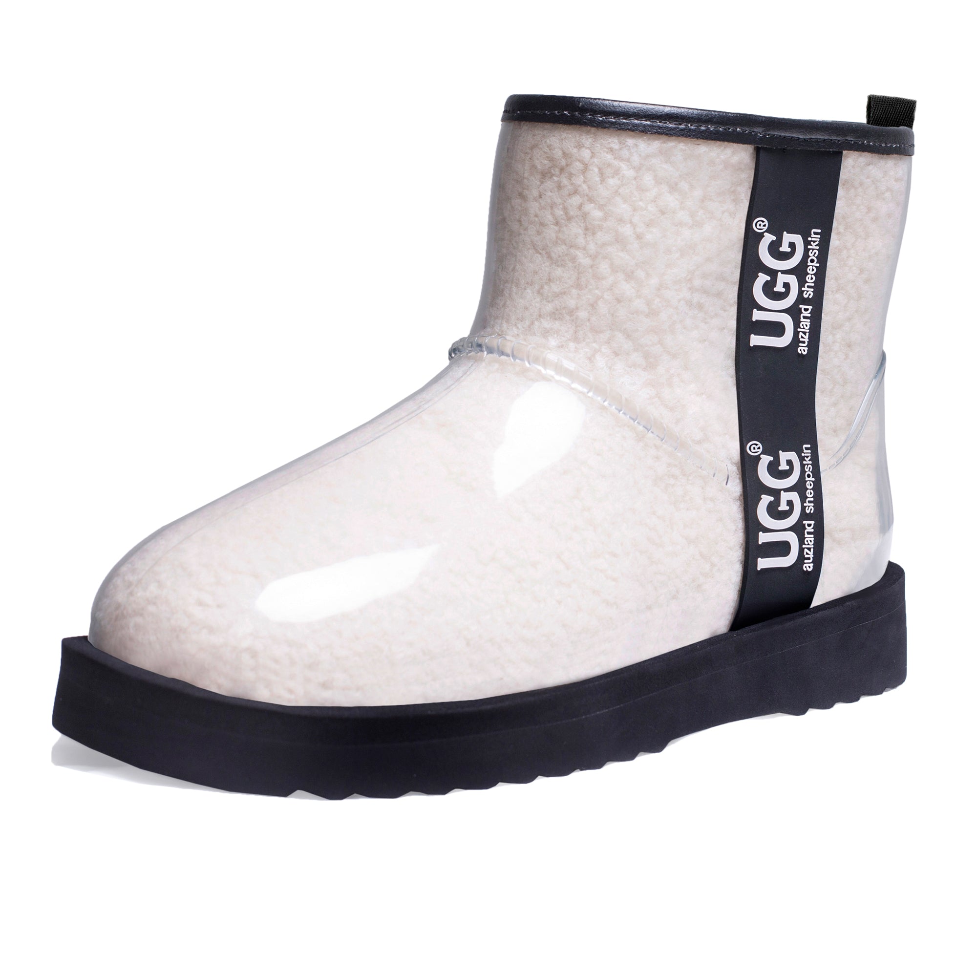 Auzland UGG Zipper Clear Mini Rain Boots in white, stylish waterproof rainboots with zipper detail and transparent design.