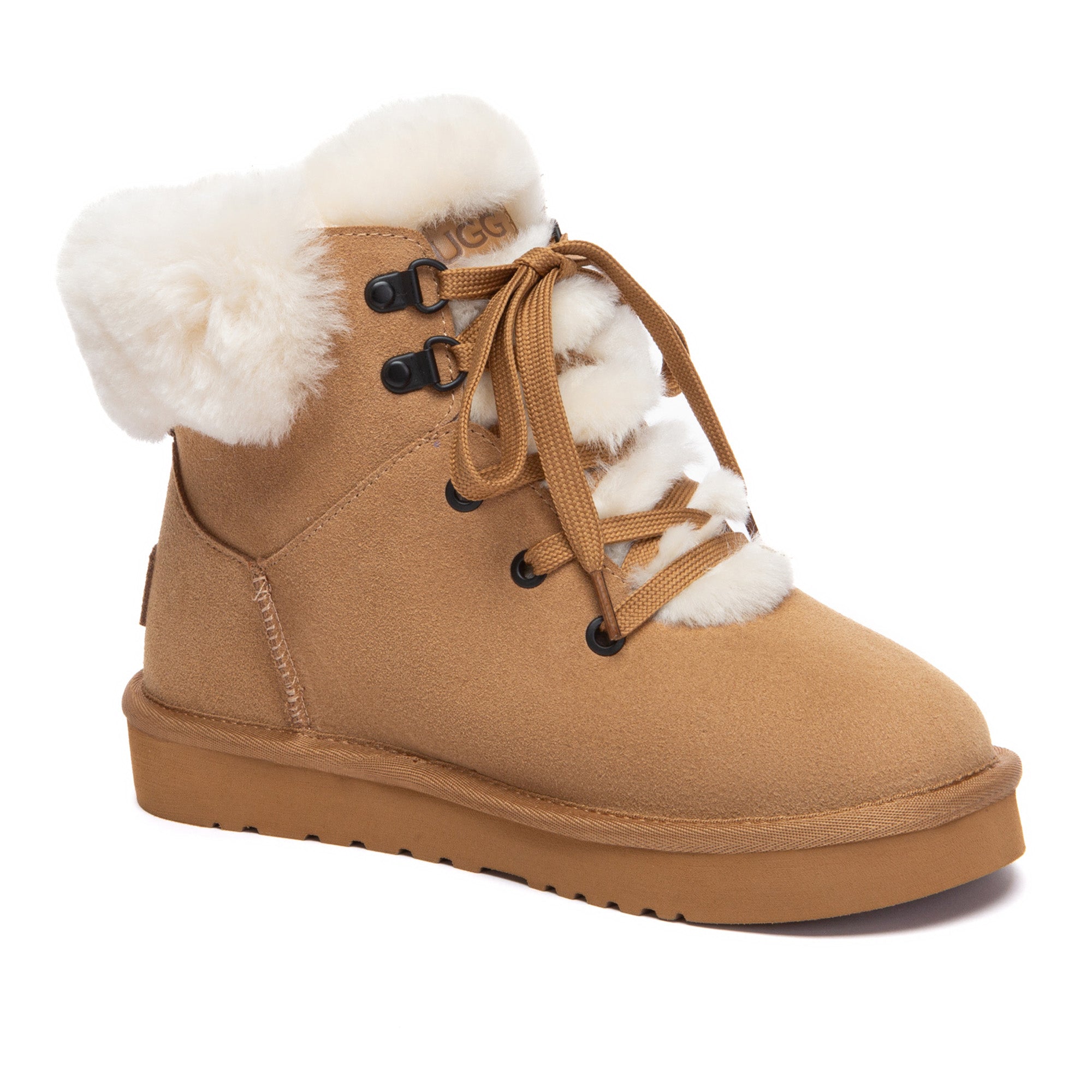 EverUgg ultra fluffy lace-up boots with soft fur lining and cozy design, perfect for cold weather.