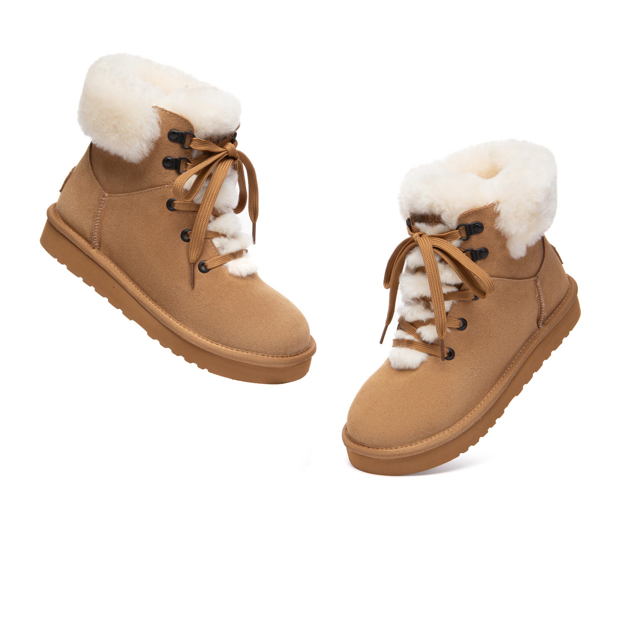 EverUgg ultra fluffy lace-up boots with soft sheepskin lining and chunky soles, perfect for cozy winter wear.