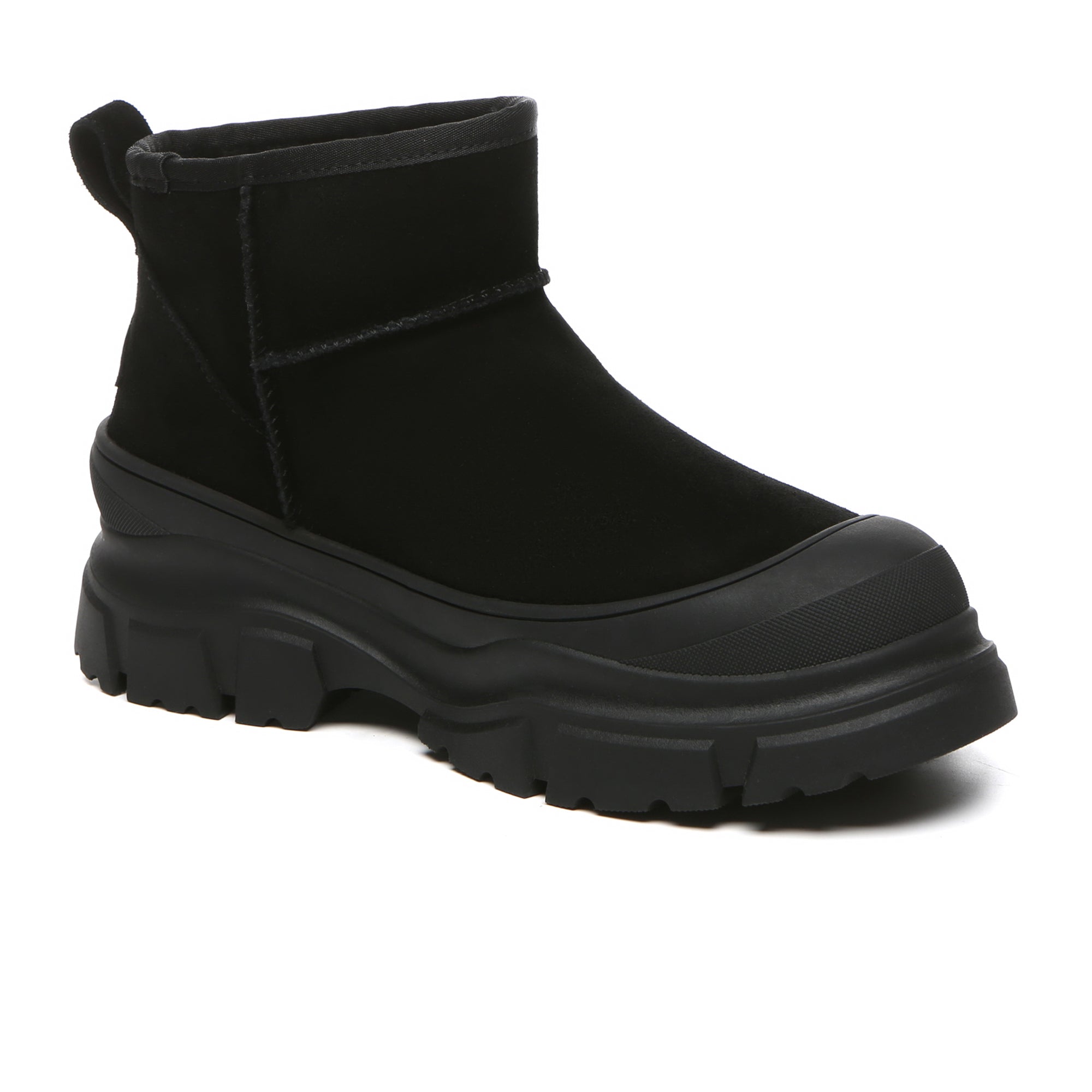 EverUgg Ultra Mini Classic Chunky UGG platform shoes for women with beige suede finish and thick rubber soles.