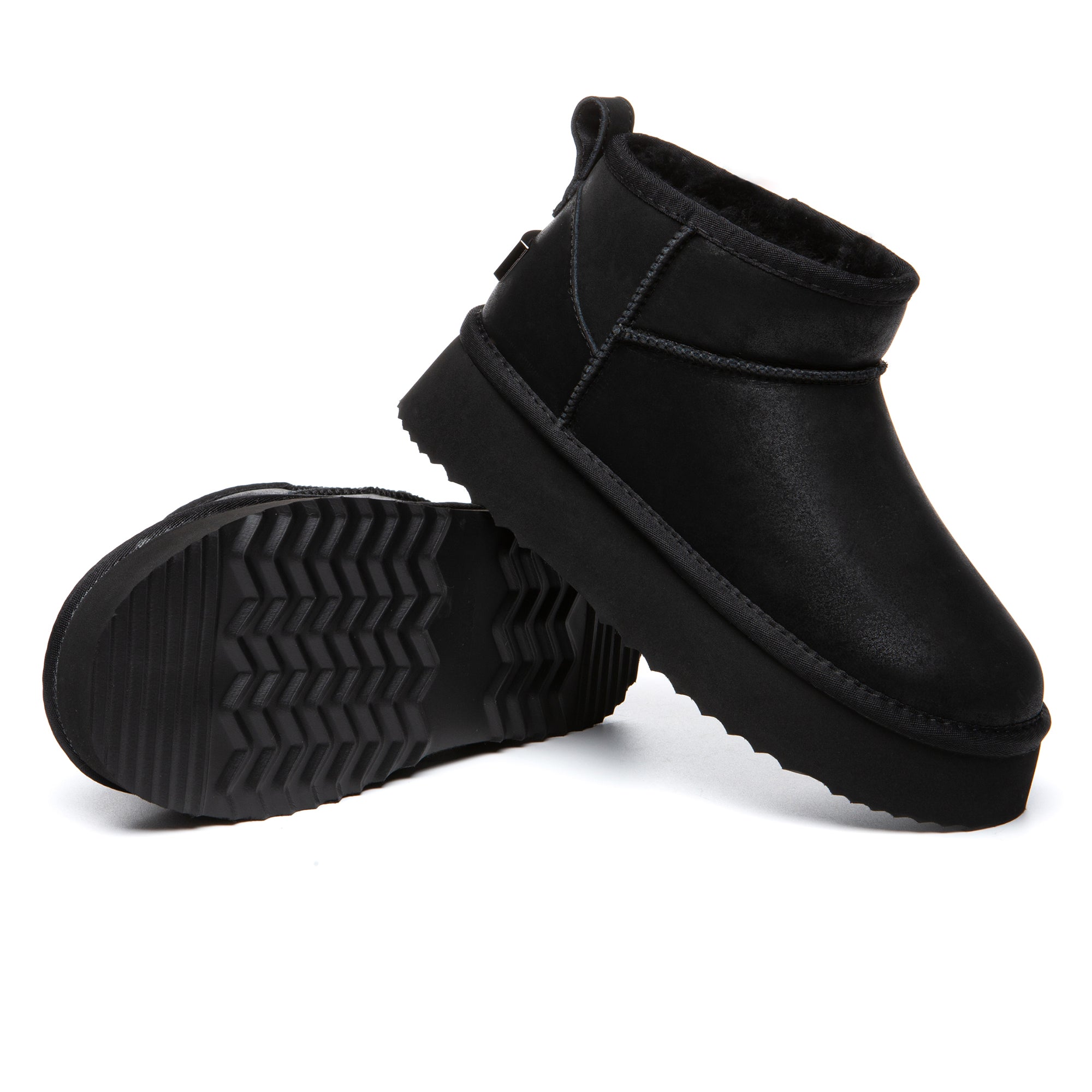 EverUgg Ultra Mini Coated Suede Platform UGG Boots for women, showcasing the sleek coated suede exterior and chunky platform sole.