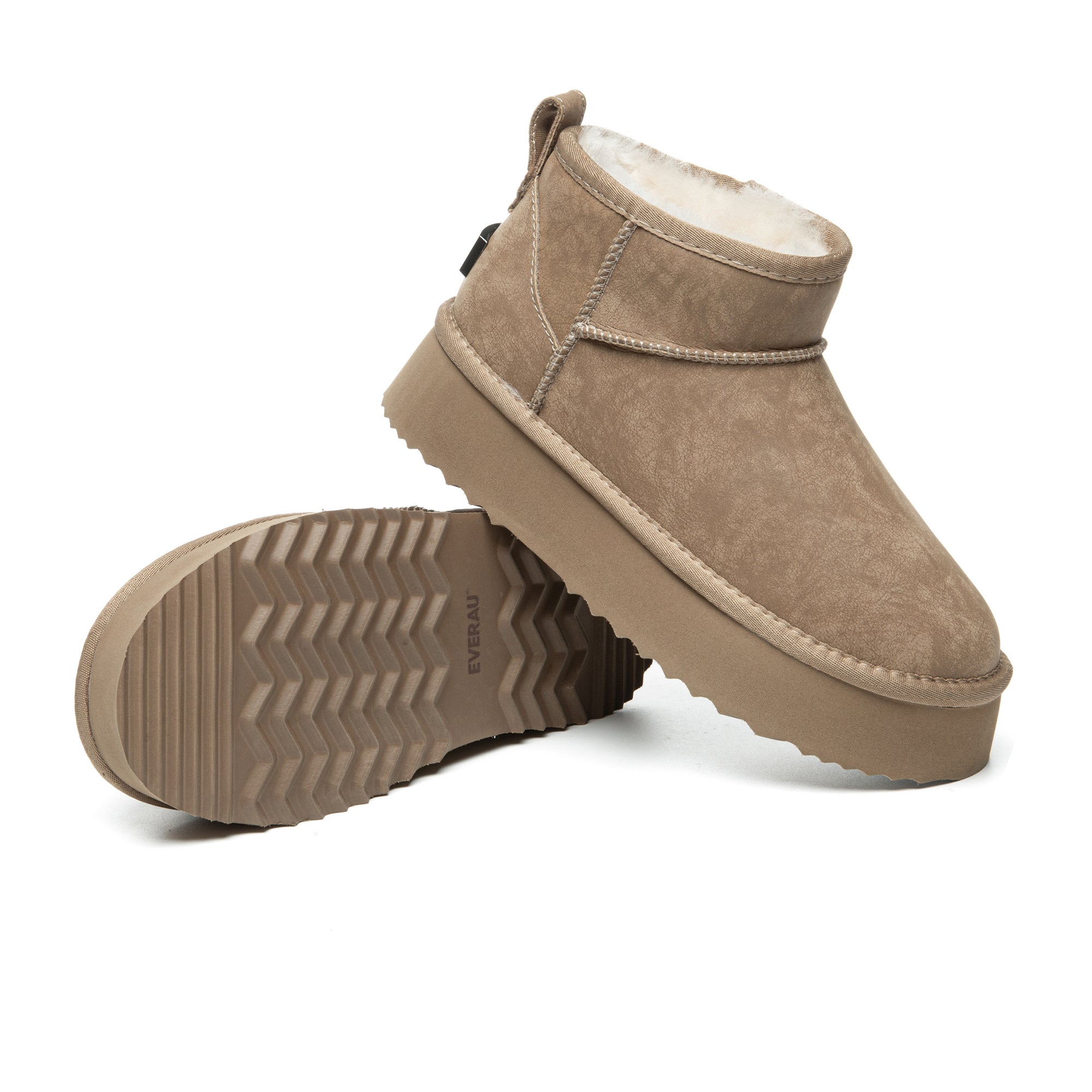 EverUgg Ultra Mini Coated Suede Platform UGG Boots for women, showcasing the stylish, coated suede exterior and chunky platform sole.