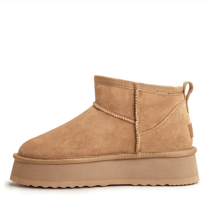 Auzland Ultra Mini Platform UGG Boots in soft plush with thick soles and ankle-height design, showcasing cozy, stylish footwear.