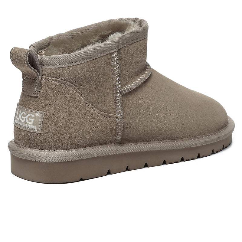 Dark brown EverUgg Ultra Mini UGG boots for women, classic sheepskin-lined shoes with a cozy, stylish design.