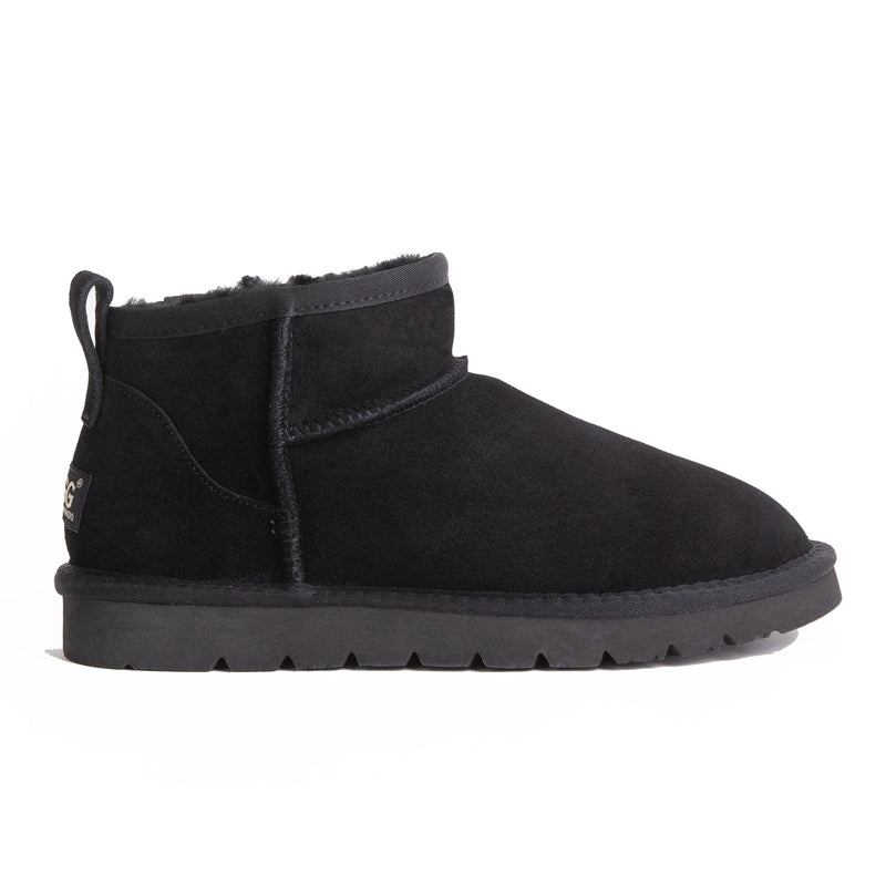 Black Ultra Mini UGG boots for women by EverUgg, featuring soft sheepskin and cozy design perfect for winter wear.