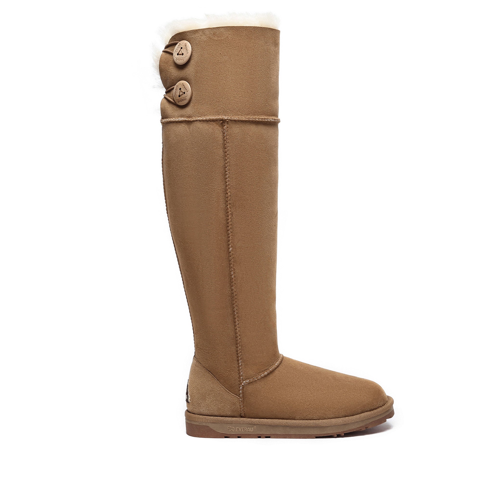 EverUgg Ultra Tall Button UGG Boots in cozy suede with button accents, knee-high style, ideal for cold weather.