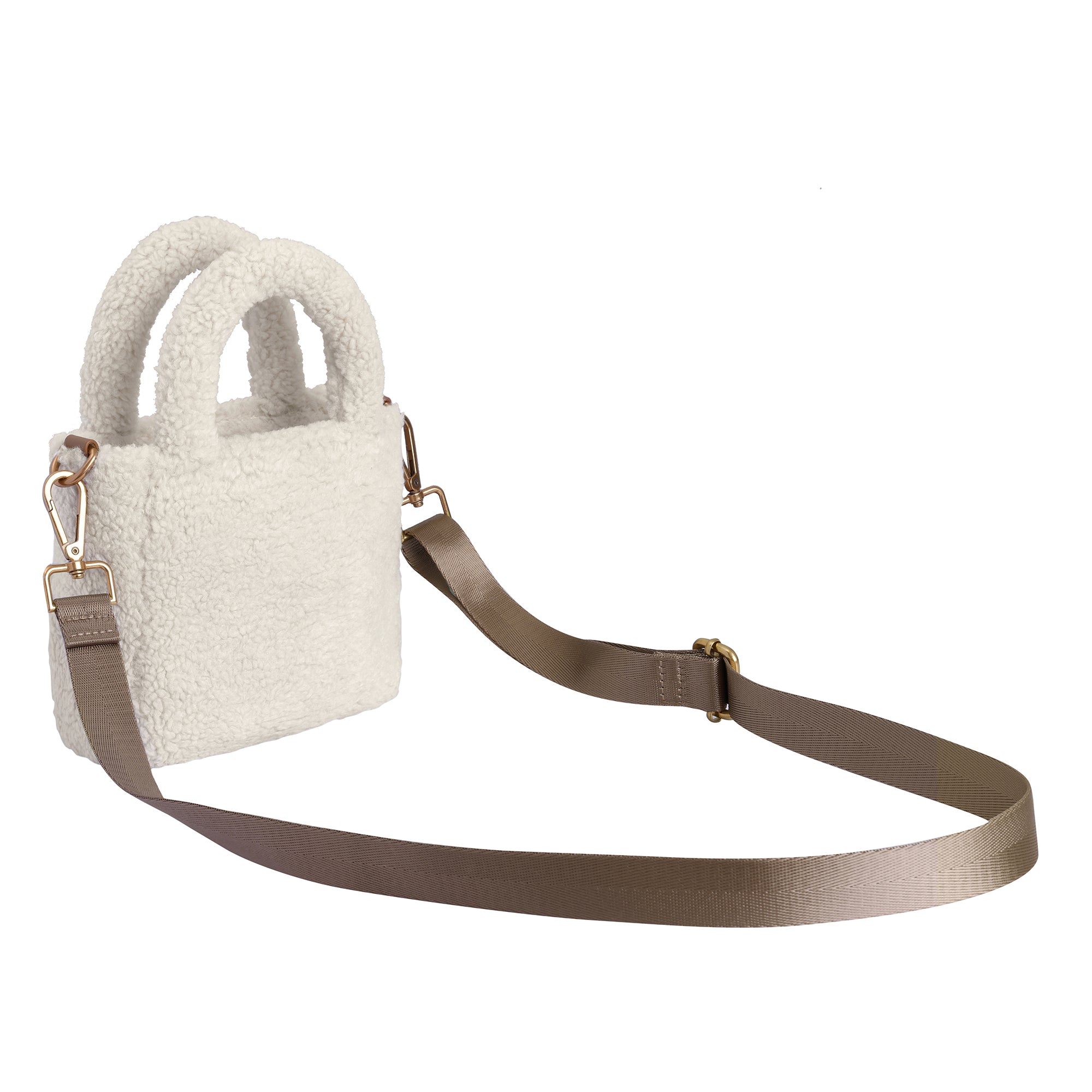 Cream vegan adjustable shoulder handbag from EverUgg, showing the stylish accessory with adjustable strap and sleek design.