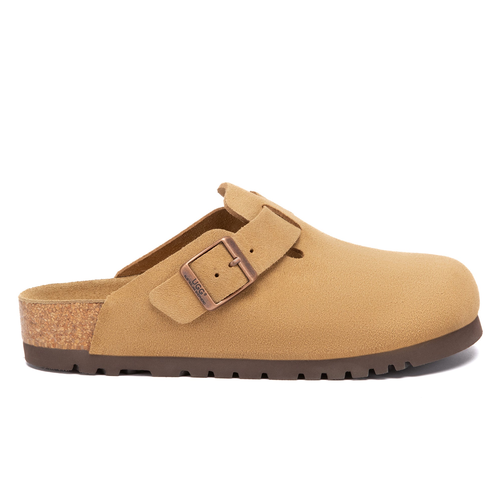 EverUgg Birkie Suede Buckle Clogs slippers with adjustable buckle and soft suede material, shown on a white background.