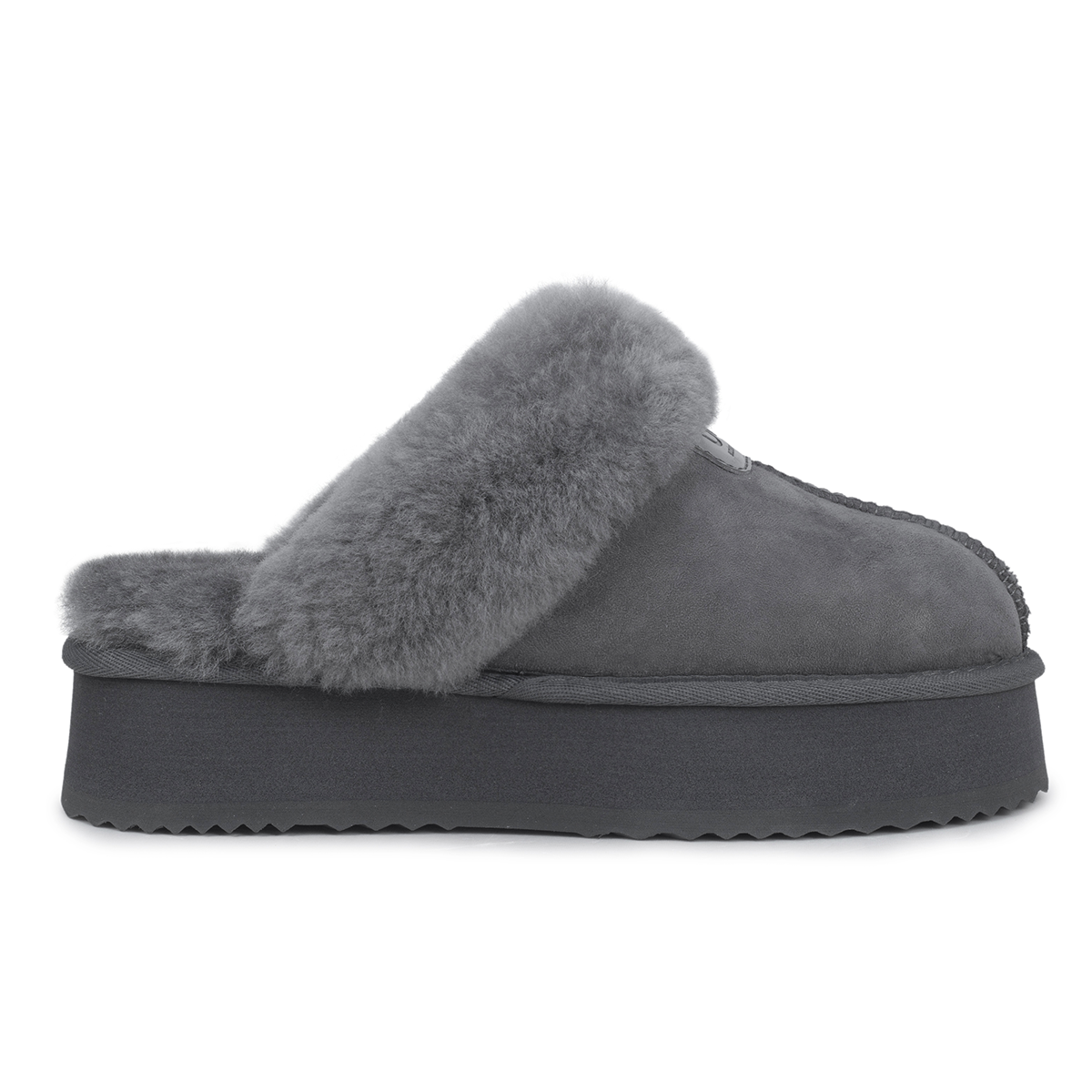Auzland Willow Platform UGG Slippers in grey with plush lining and platform sole, showcasing cozy indoor footwear.
