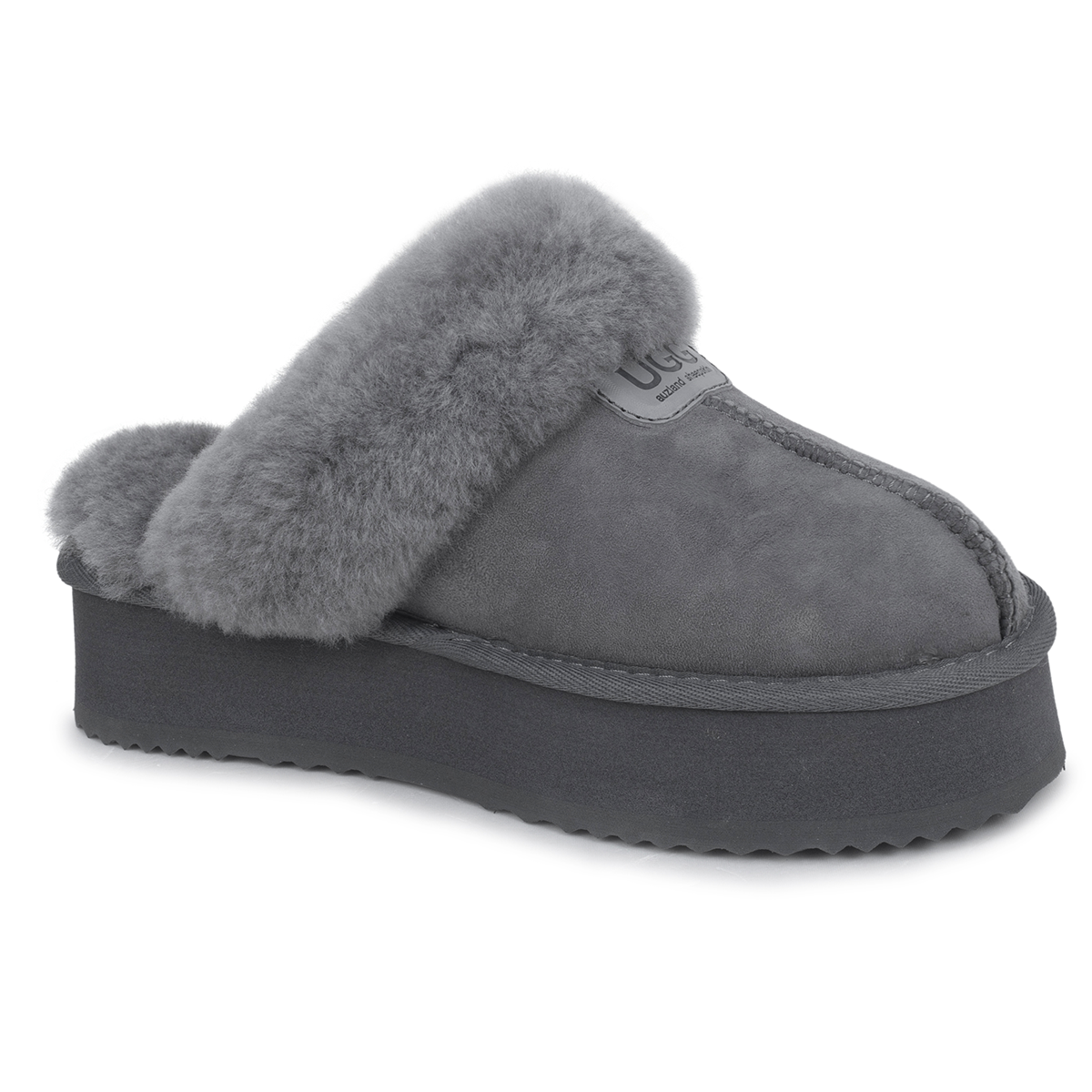 Auzland Willow Platform UGG Slippers in grey with plush interior and thick sole, cozy and stylish indoor footwear.