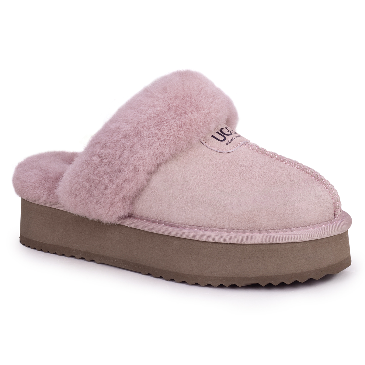 Dustpink Auzland UGG slippers with platform soles, featuring plush interior and slip-on design for cozy comfort.
