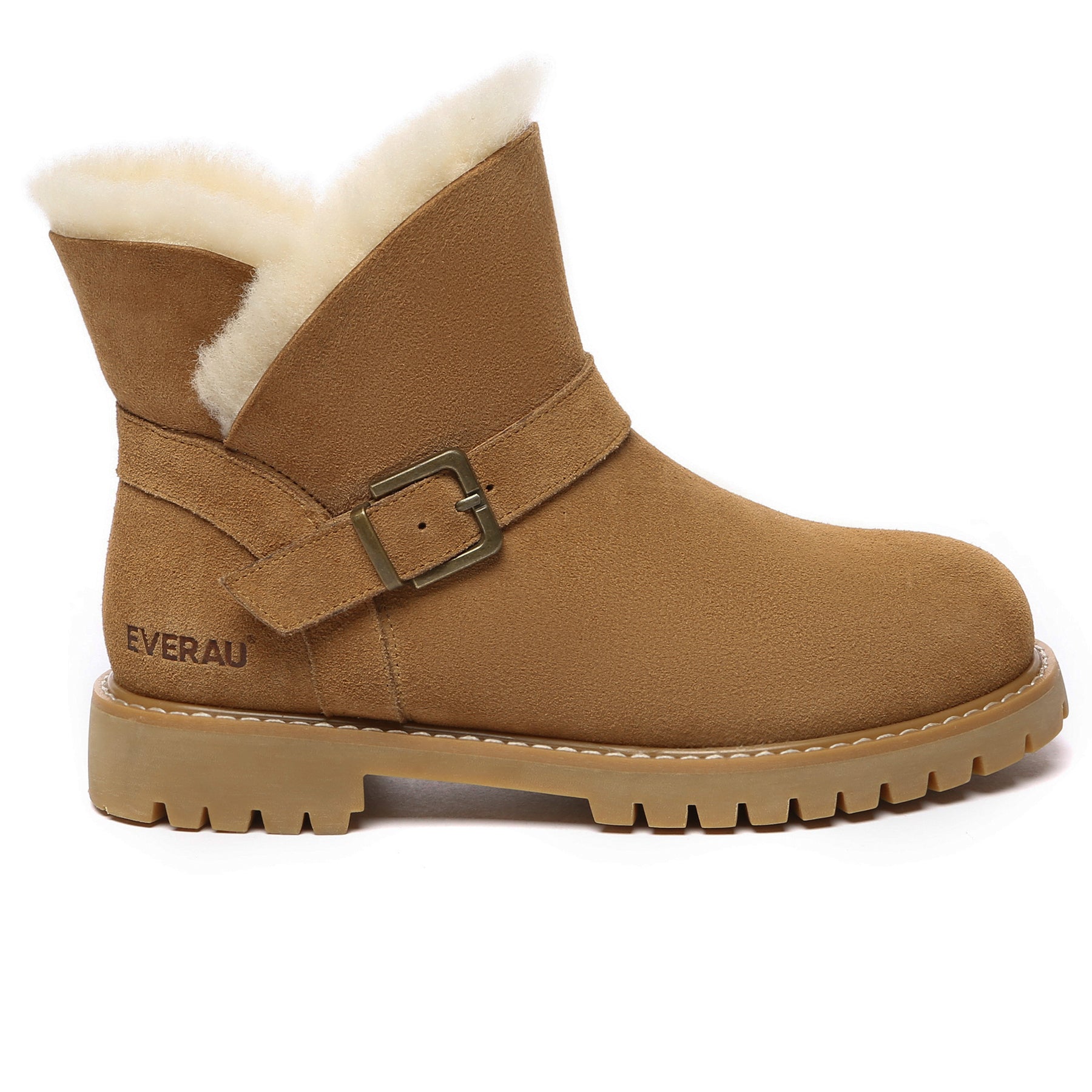 Women’s EverUgg Buckle Mini UGG Boots with a stylish buckle detail and cozy fur lining, perfect for winter wear.
