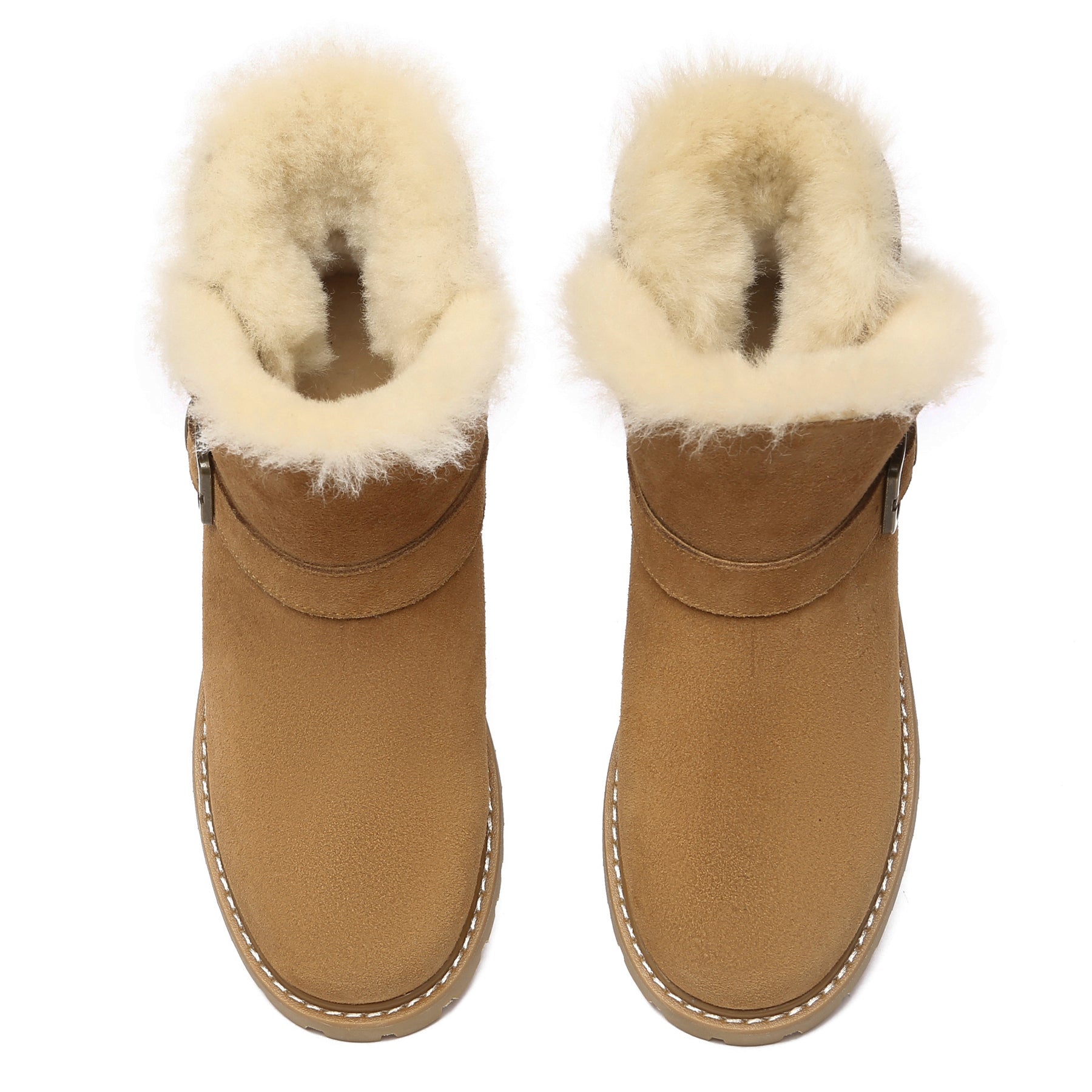 Women’s buckle mini UGG boots by EverUgg featuring a chic design, buckle accents, and soft suede material.