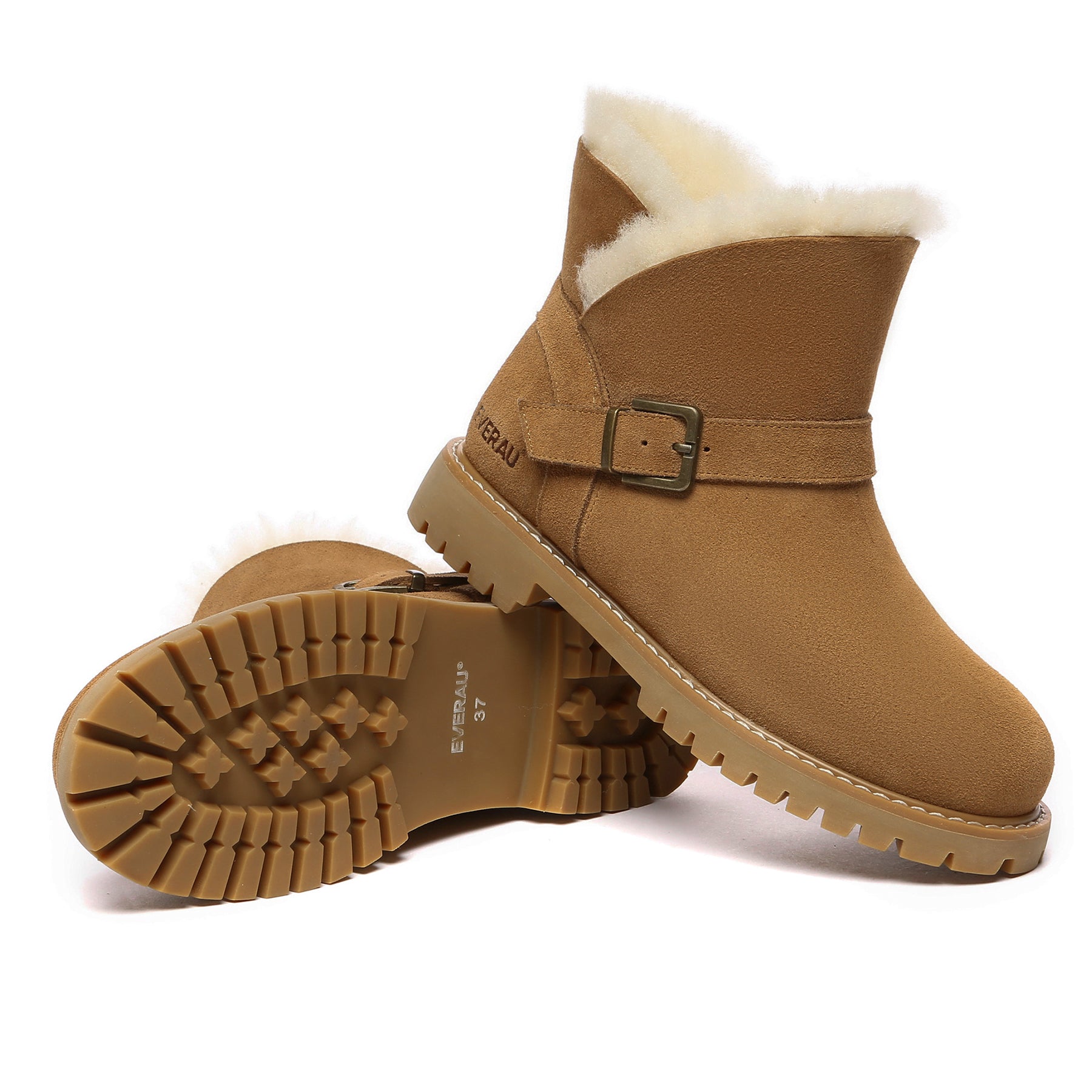 Women’s Buckle Mini UGG Boots by EverUgg featuring a cozy shearling lining and stylish buckle detail in chestnut color.