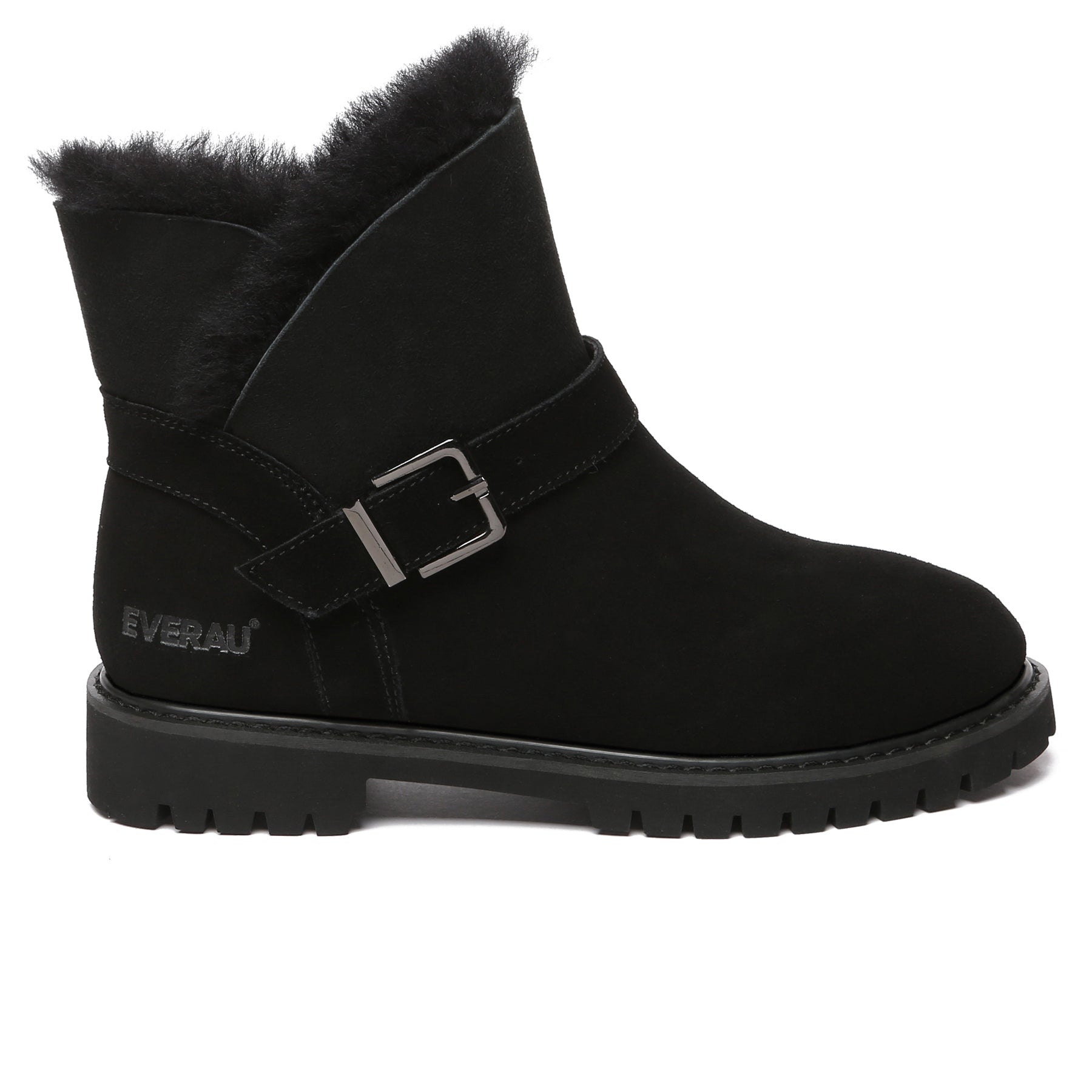 Black Women Buckle Mini UGG Boots by EverUgg featuring buckle accents and cozy sheepskin lining.