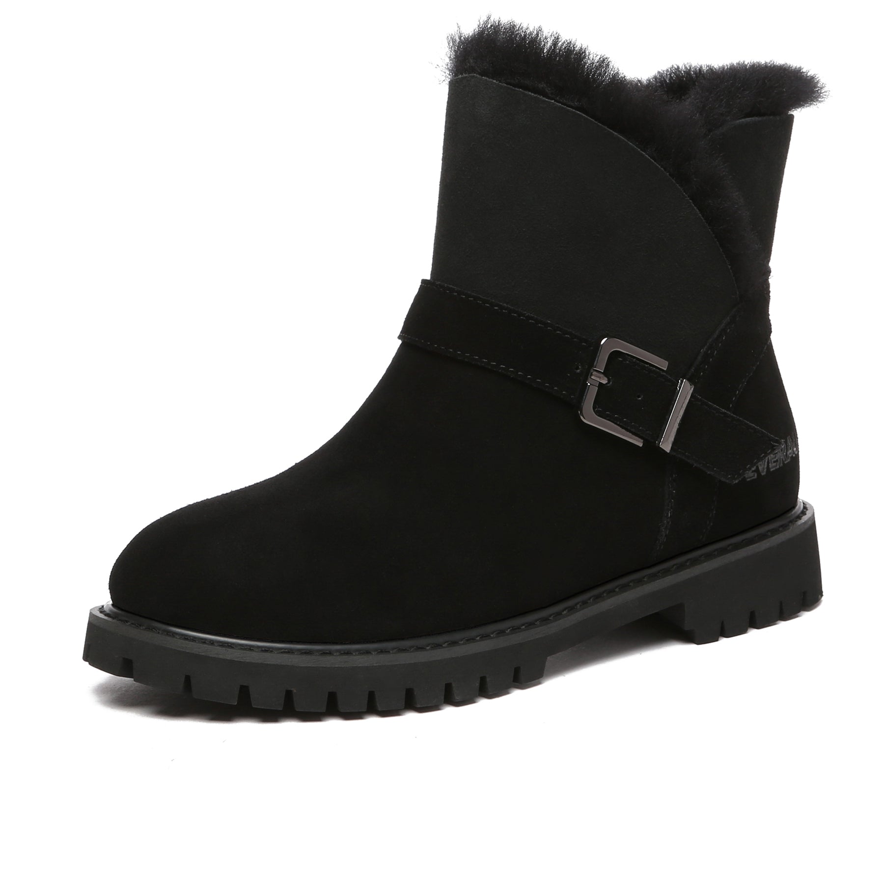 Black women’s buckle mini UGG boots by EverUgg featuring a stylish buckle detail and cozy sheepskin lining.