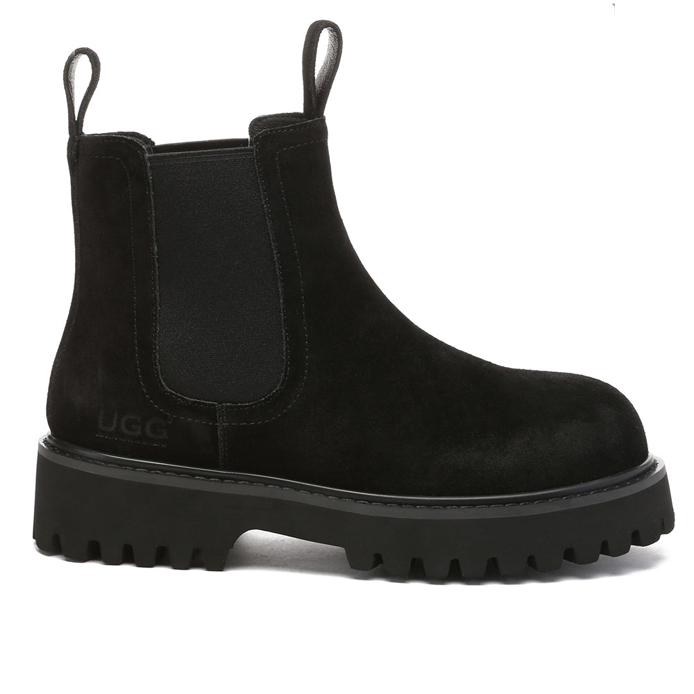 Black EverUgg women’s Chelsea boots with elastic side panels and low heel, stylish and versatile footwear for everyday wear.