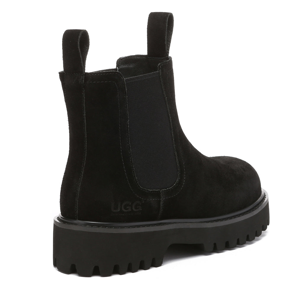 Black women's Chelsea boots by EverUgg with elastic side panels and a sleek leather finish.